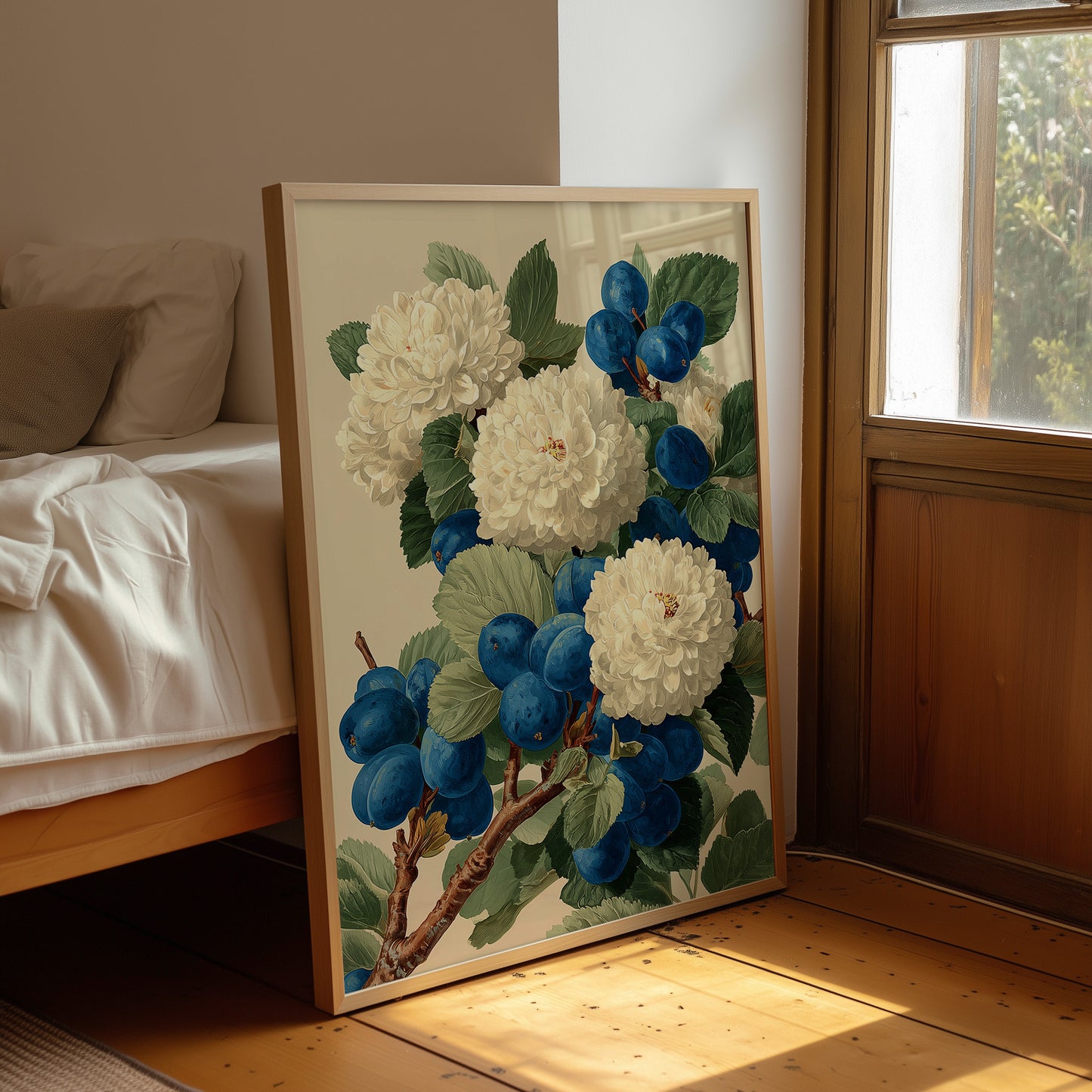 Cream Blossoms Among the Blue Plums