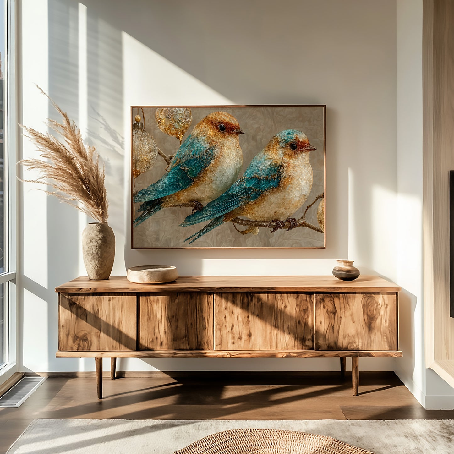 Two Bluebirds and Golden Filigree