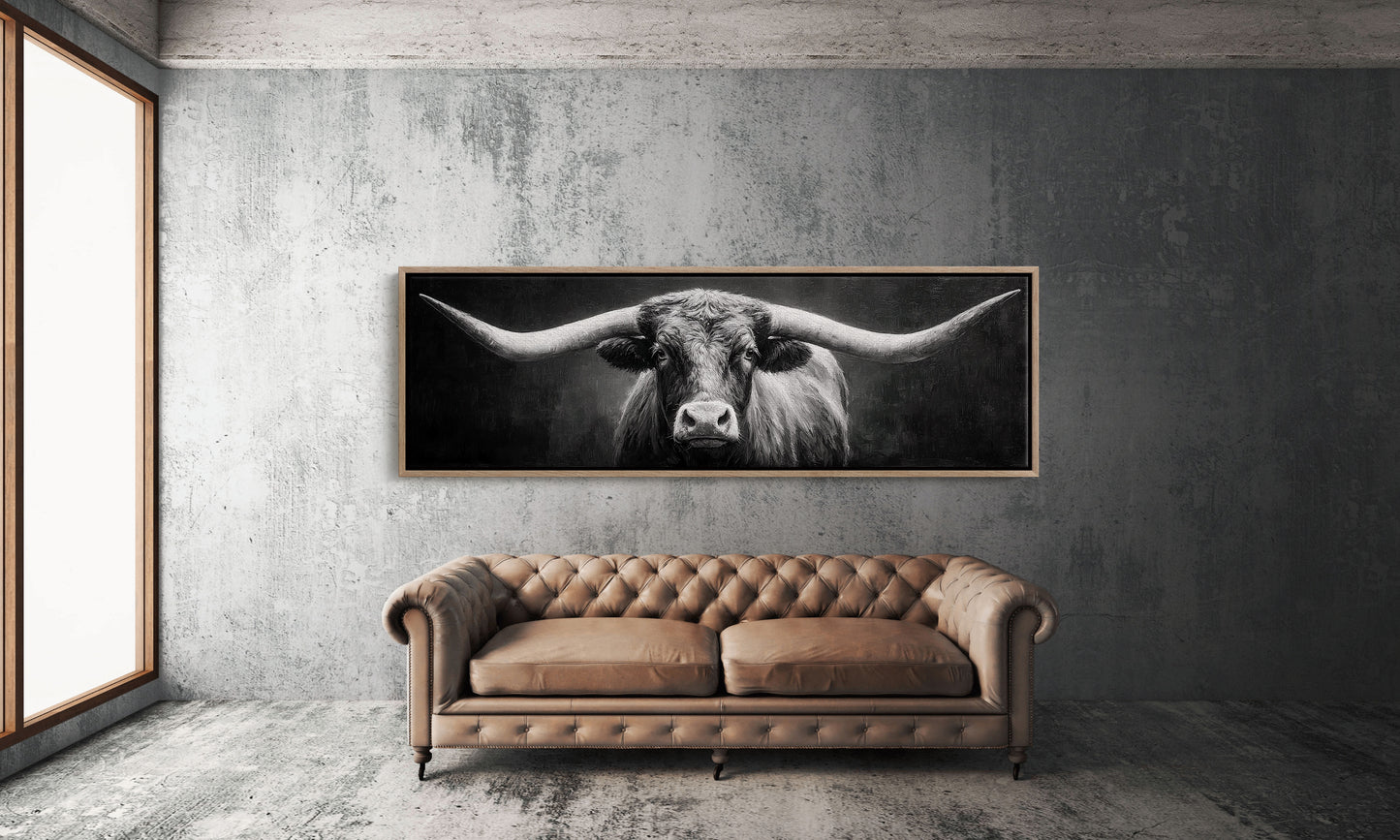 Black and White Longhorn Portrait on Dark Background