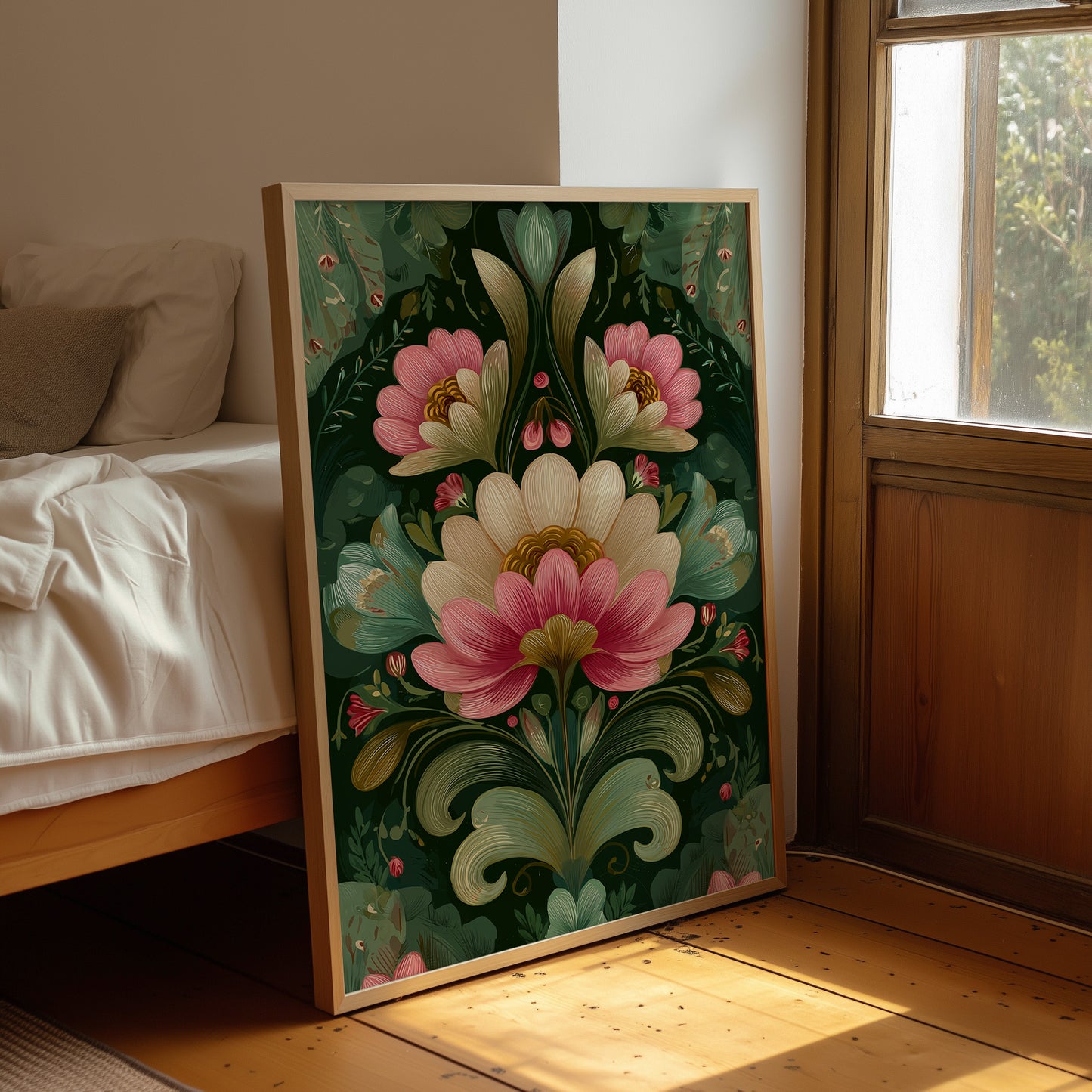 Pink and Cream on Forest Green