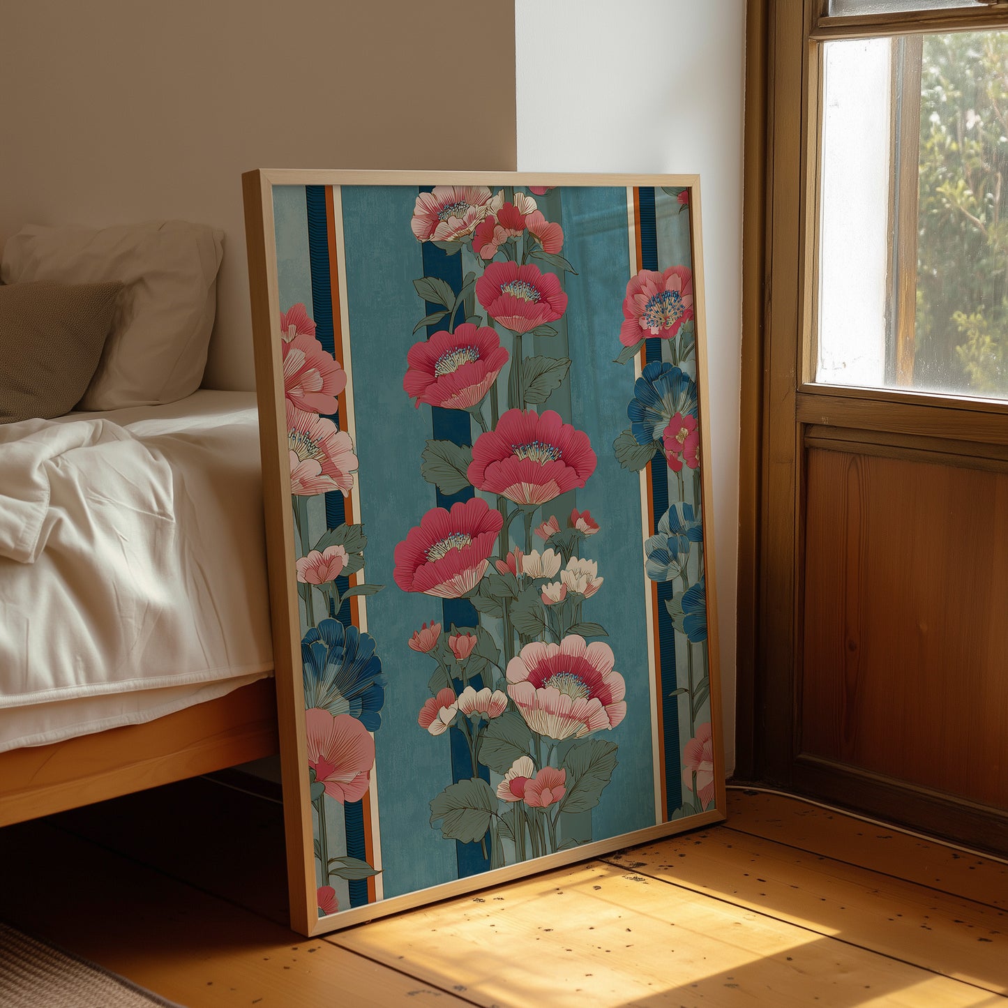 Hot Pink Blooms on Faded Blue