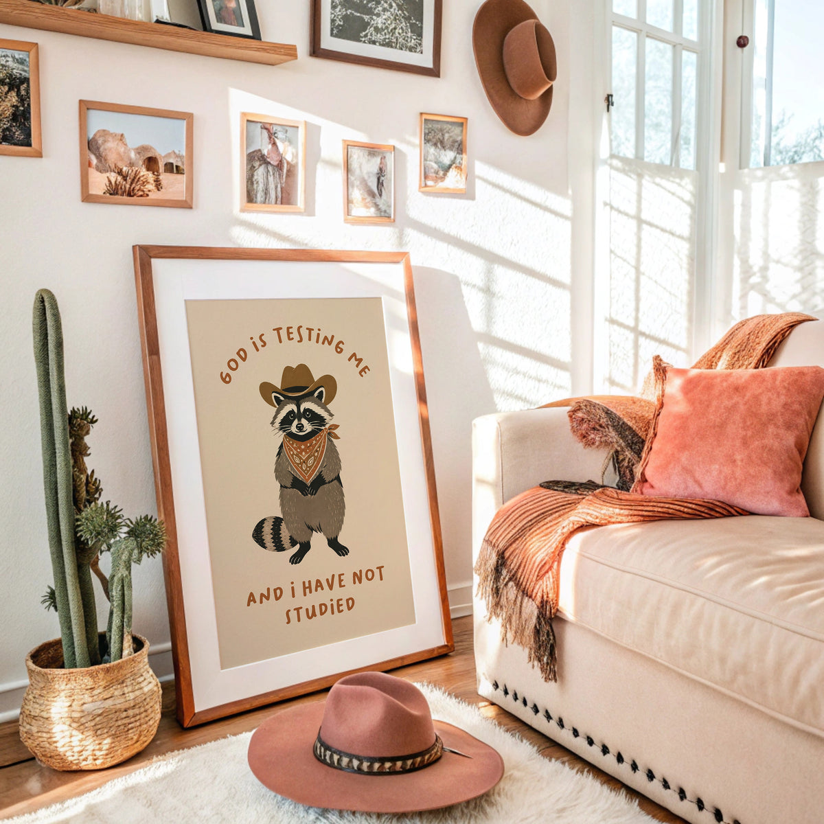 God Is Testing Me — Painterly Cowboy Raccoon Print