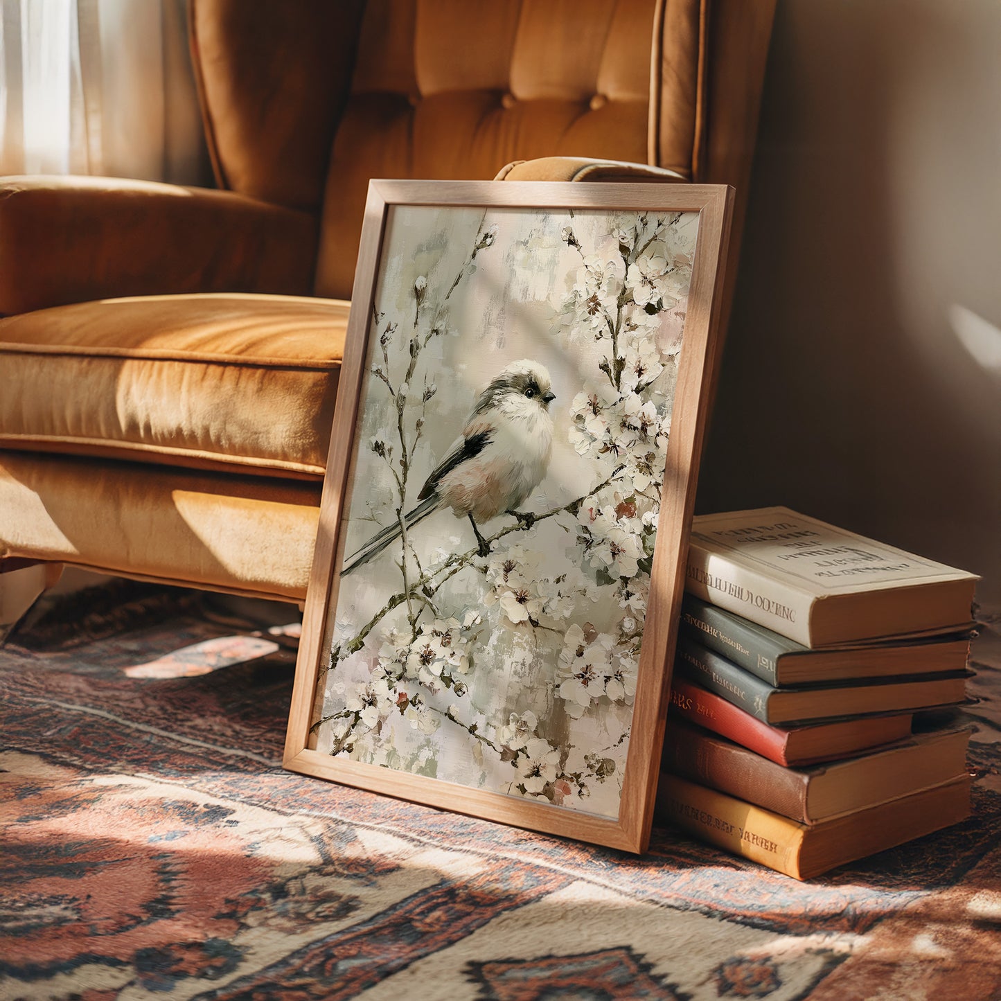 Long-Tailed Tit in Cherry Blossoms — Impasto Bird Painting