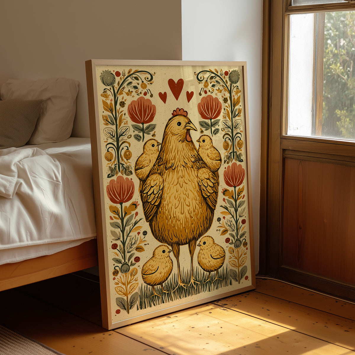 Mother Hen and Chicks — Folk Art Farmhouse Print