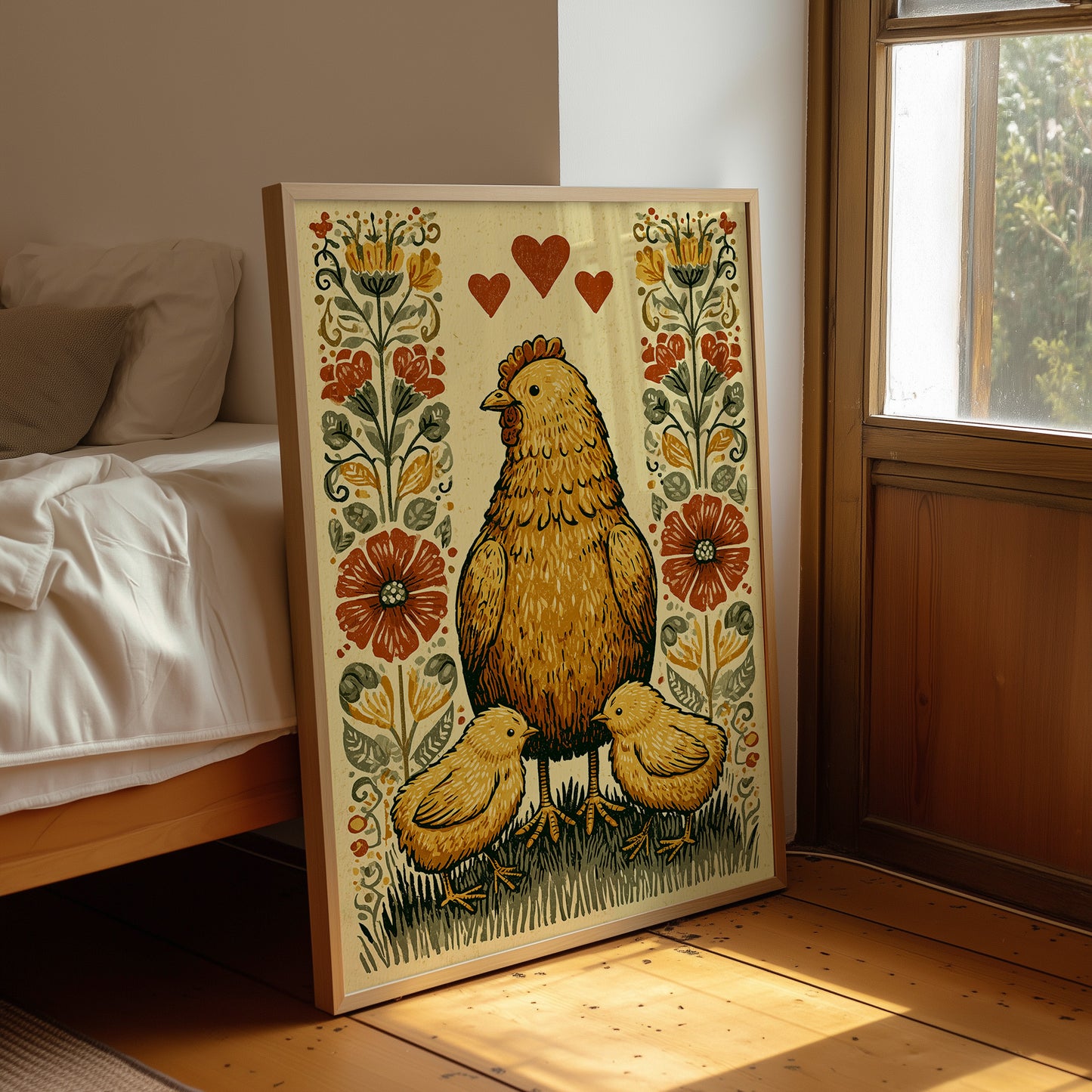 Mother Hen and Chicks — Poppy Border Folk Art Print