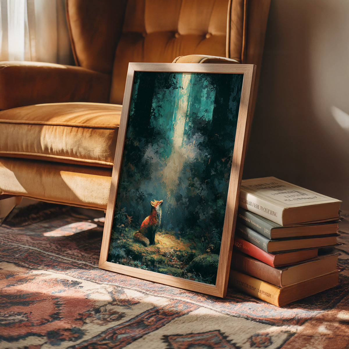Fox in the Cathedral Light — Dark Forest Oil Painting