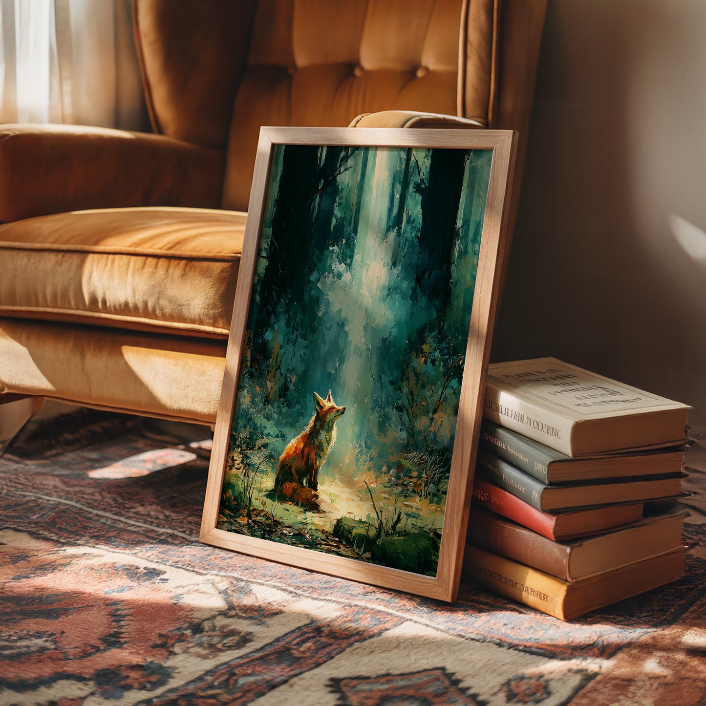 Fox in the Cathedral Light — Emerald Forest Oil Painting