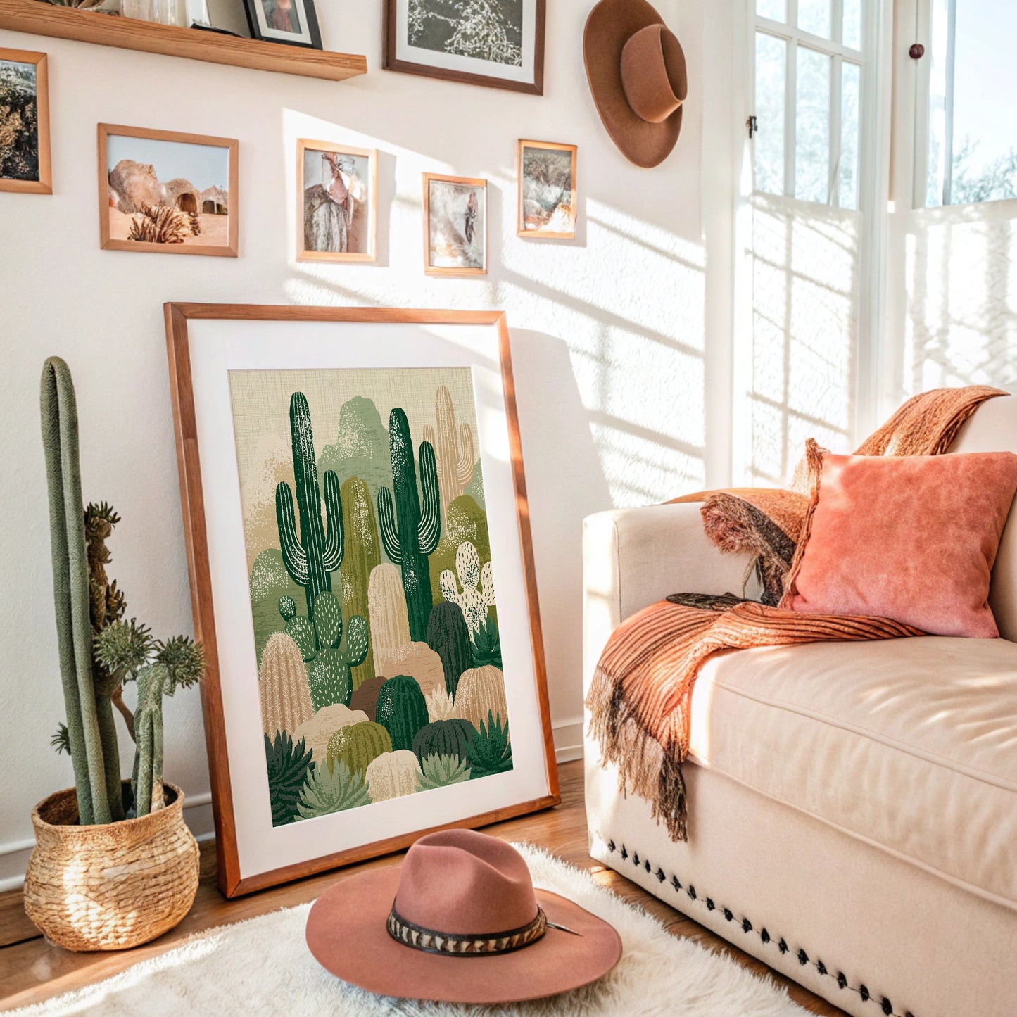 Twin Saguaros: Cactus Collage in Green & Tan