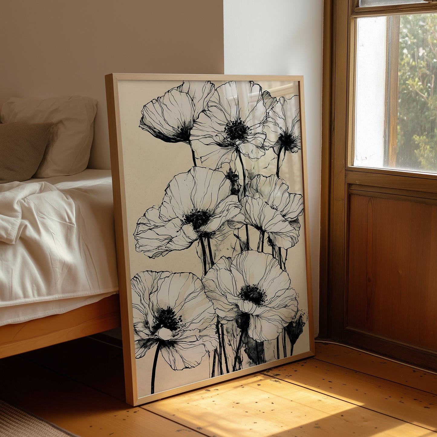 Botanical Poppies in Ink Wash