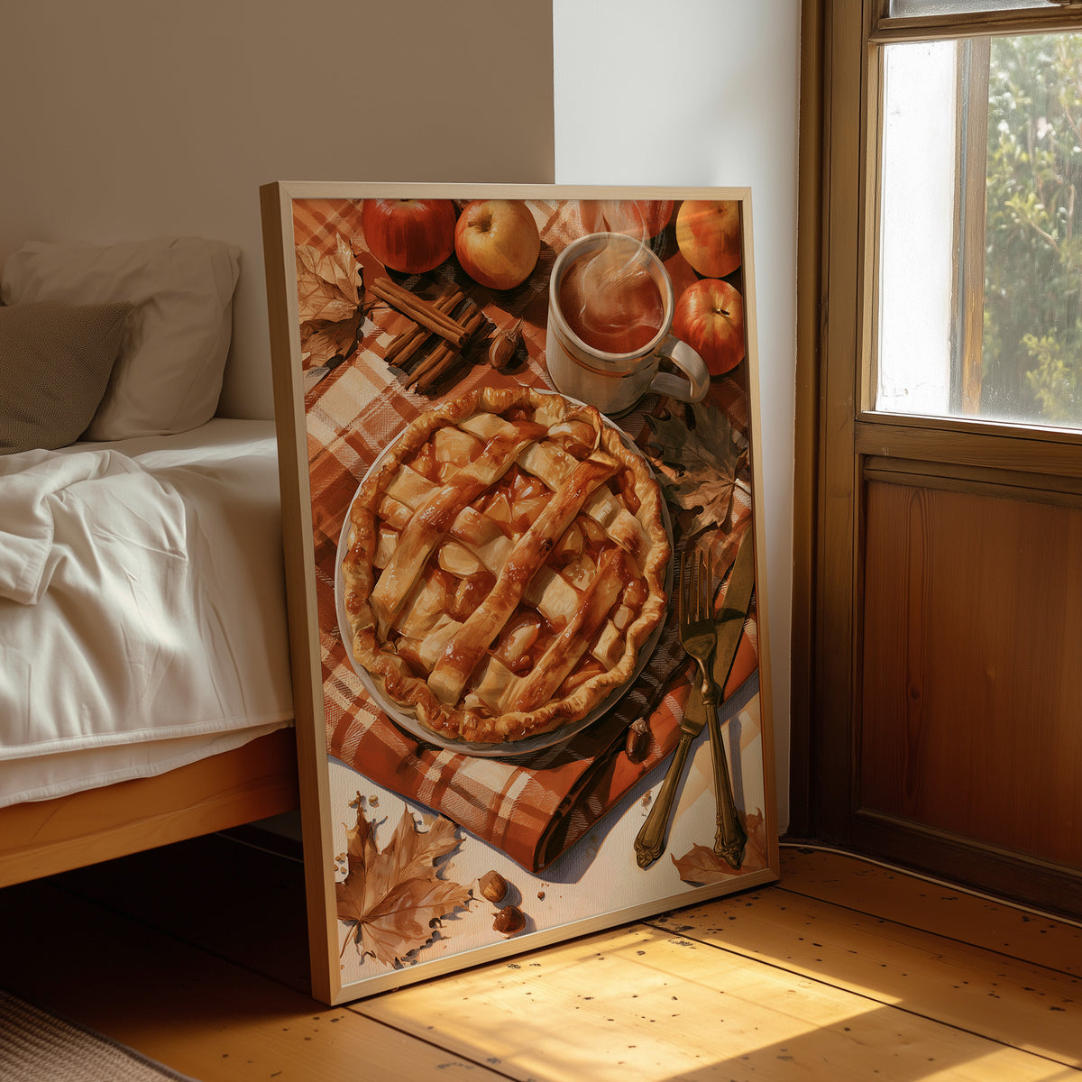 Lattice Get This Pie Started, framed print leaning beside a bed in a sunlit bedroom