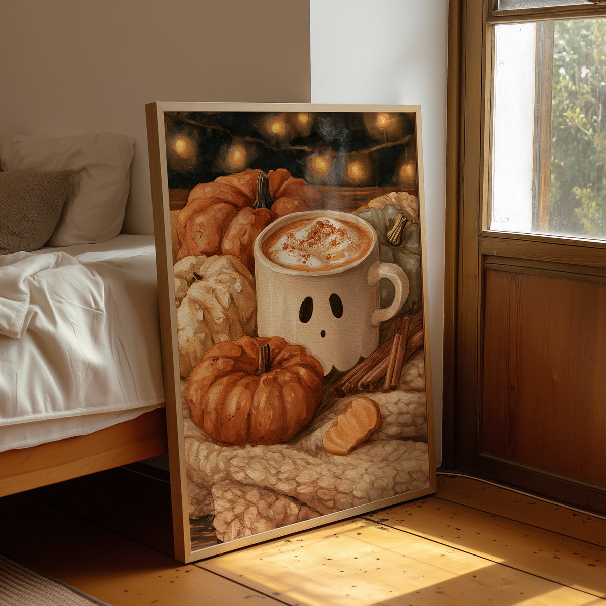 Pumpkin Spice And Everything Boo, framed print leaning beside a bed in a sunlit bedroom