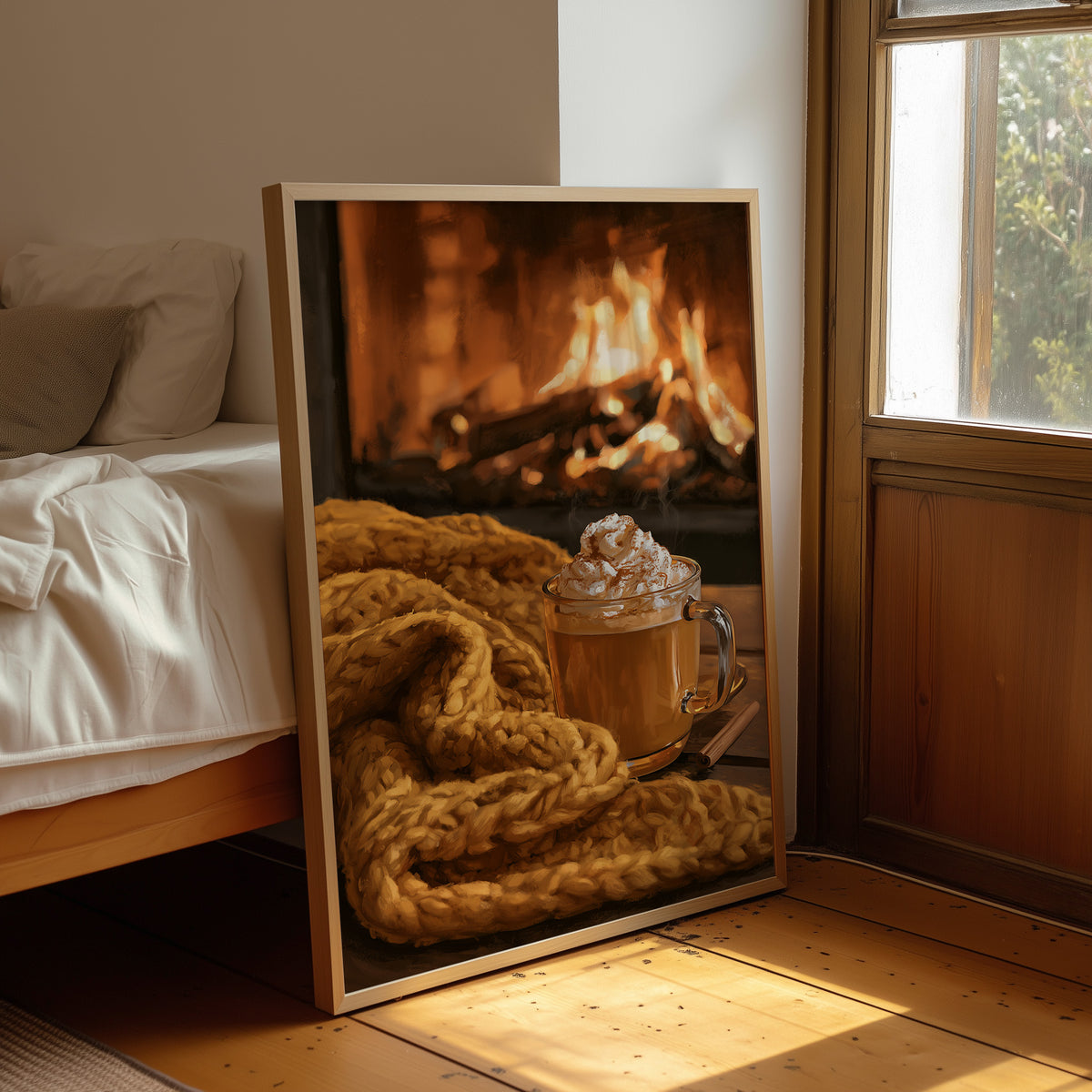Hearth Of The Matter, framed print leaning beside a bed in a sunlit bedroom