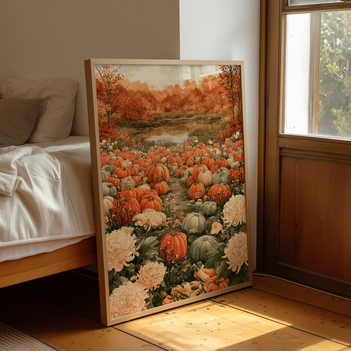 Mums The Word In The Pumpkin Patch, framed print leaning beside a bed in a sunlit bedroom
