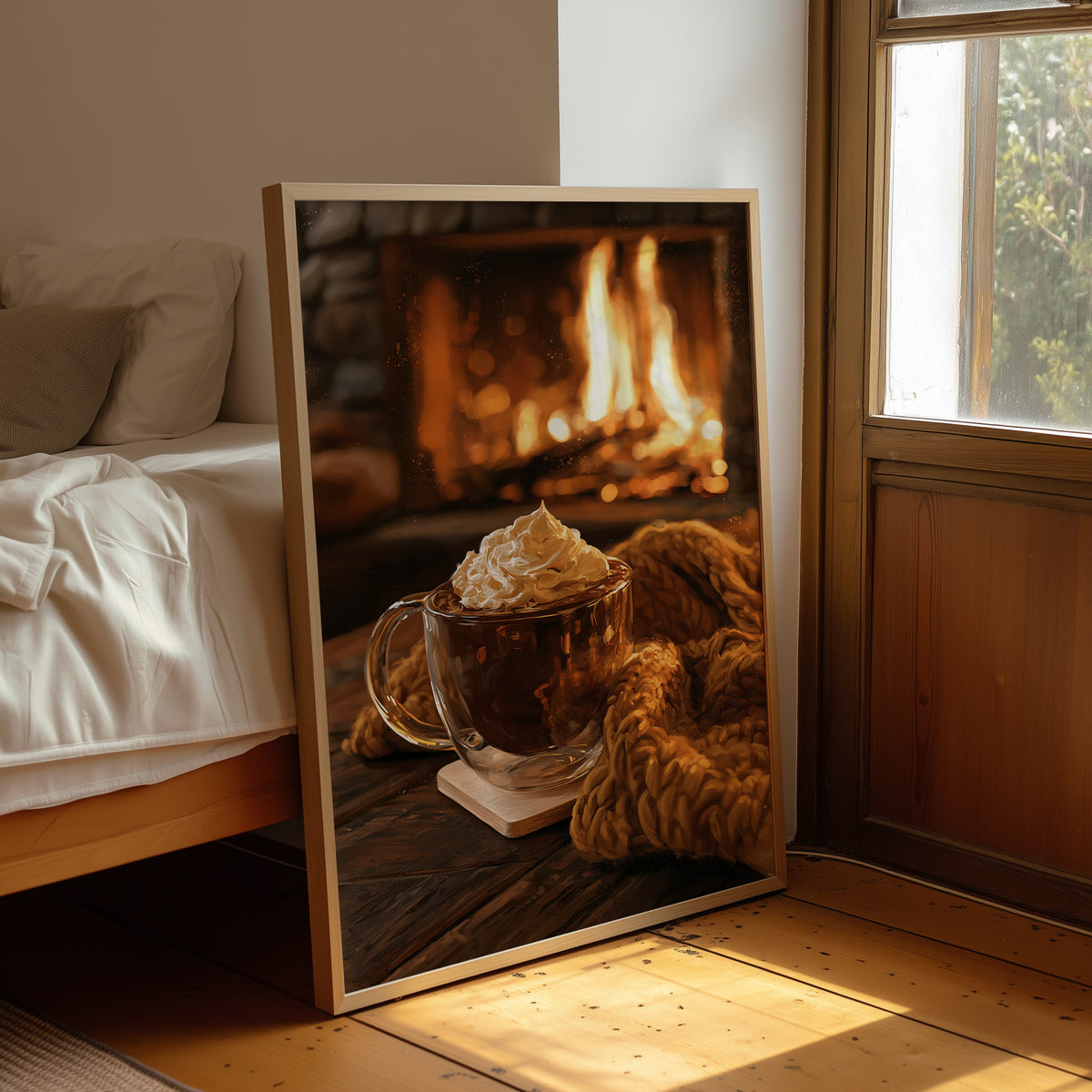 Mocha Ado About Nothing, framed print leaning beside a bed in a sunlit bedroom