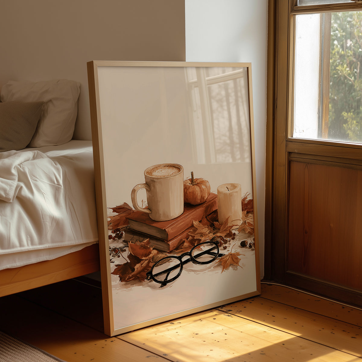 Read Between The Latte Lines, framed print leaning beside a bed in a sunlit bedroom
