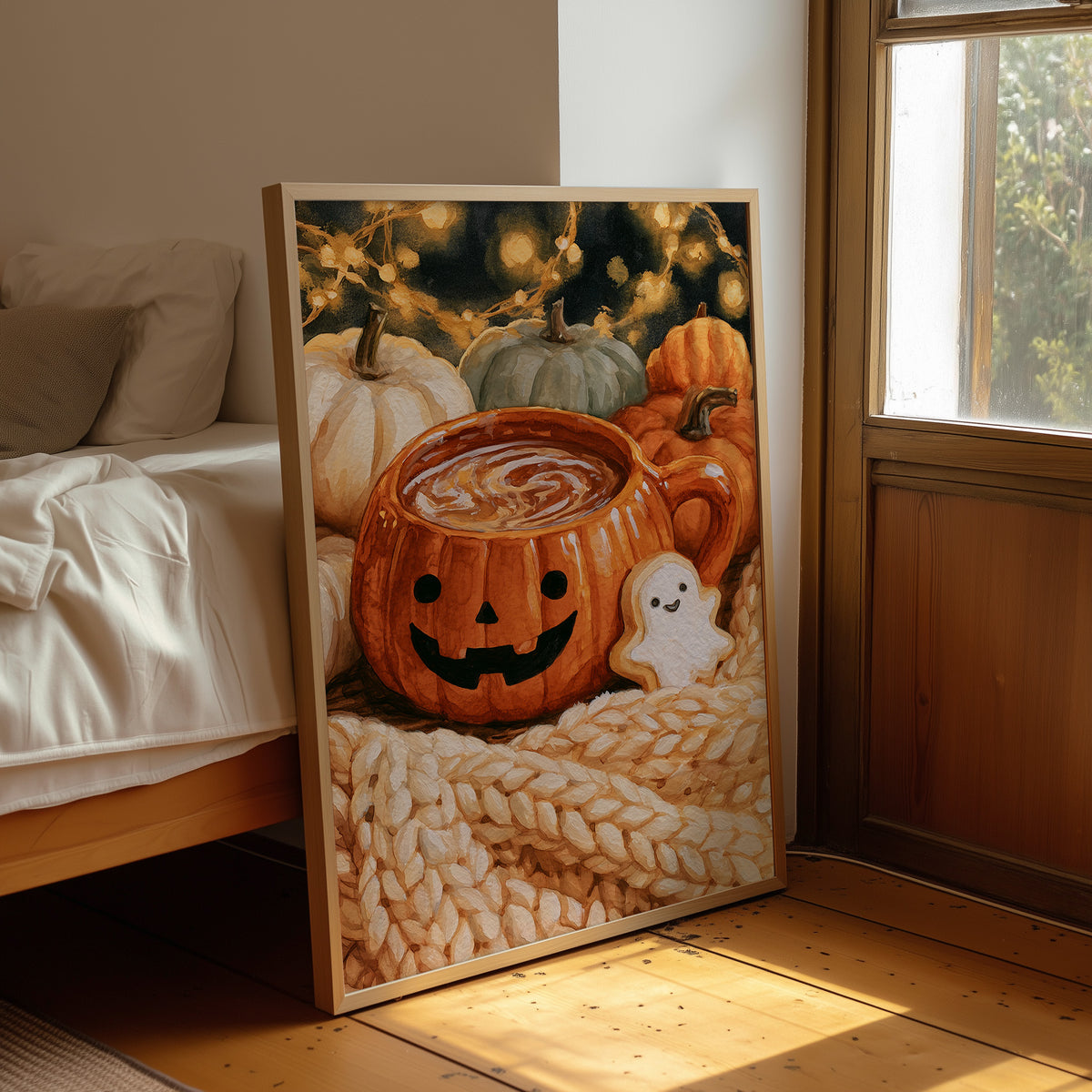 Snaggletooth Sips And Sweet Treats, framed print leaning beside a bed in a sunlit bedroom