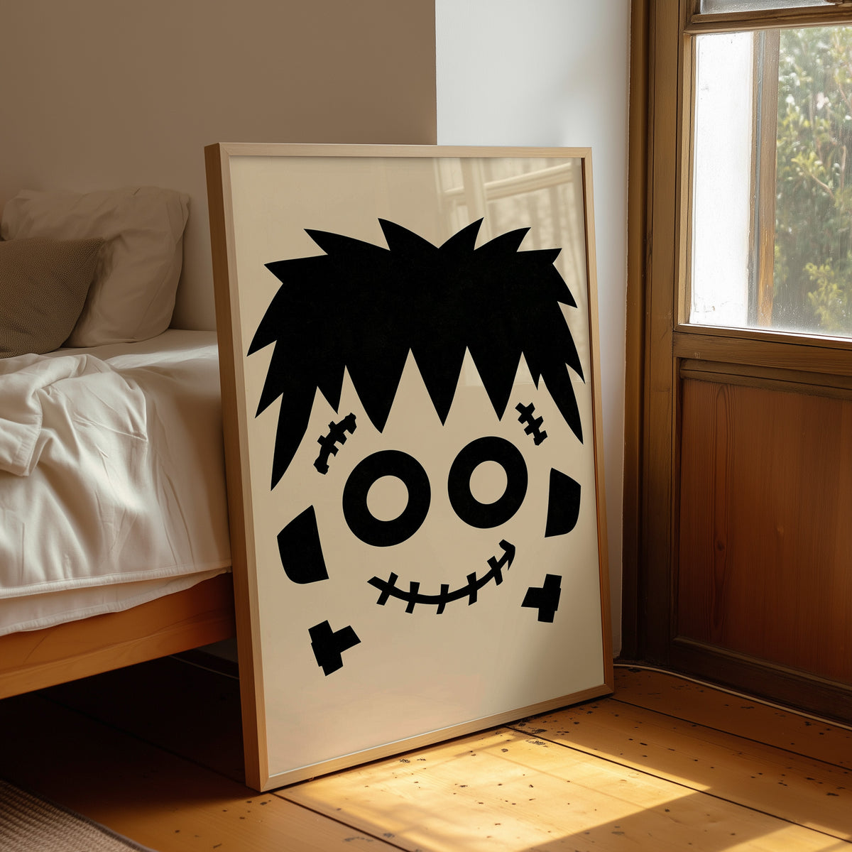 Bolt Of Approval, framed print leaning beside a bed in a sunlit bedroom