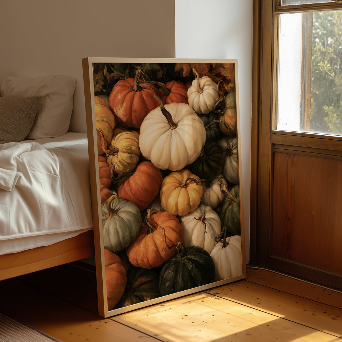 Squash Goals, Achieved, framed print leaning beside a bed in a sunlit bedroom