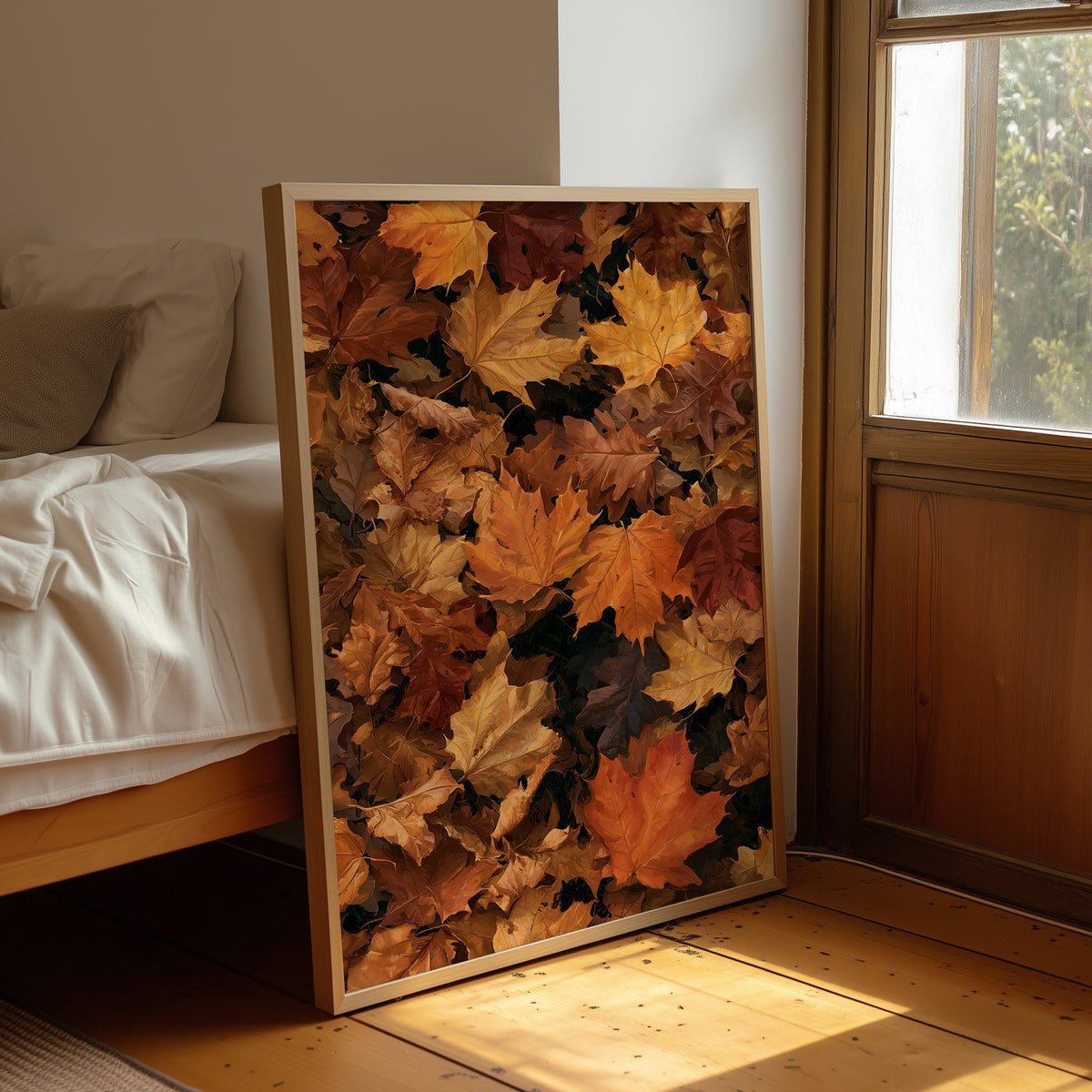 Leaf Me Alone, I’m Resting, framed print leaning beside a bed in a sunlit bedroom