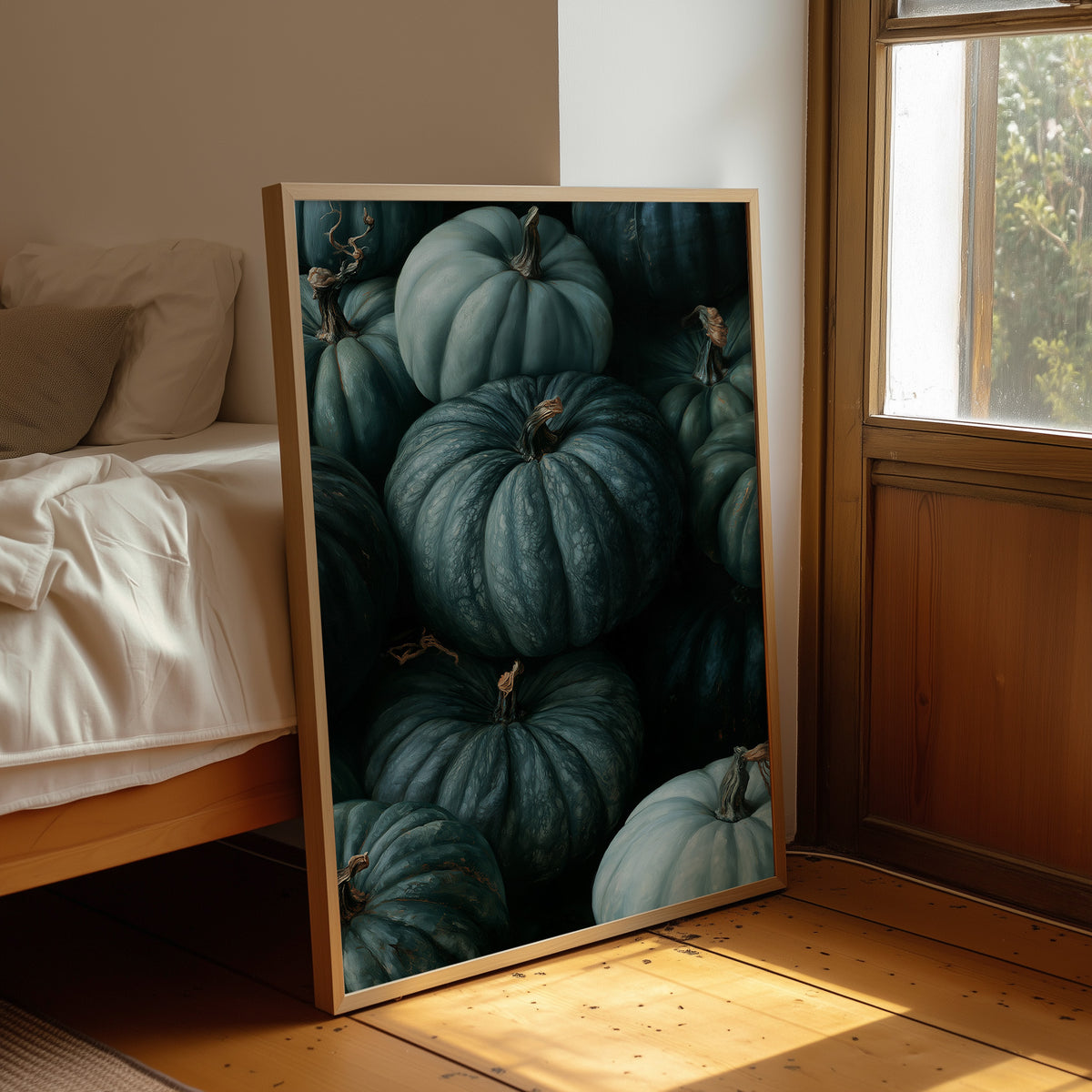 Teal Talk: Gourds Of A Feather, framed print leaning beside a bed in a sunlit bedroom
