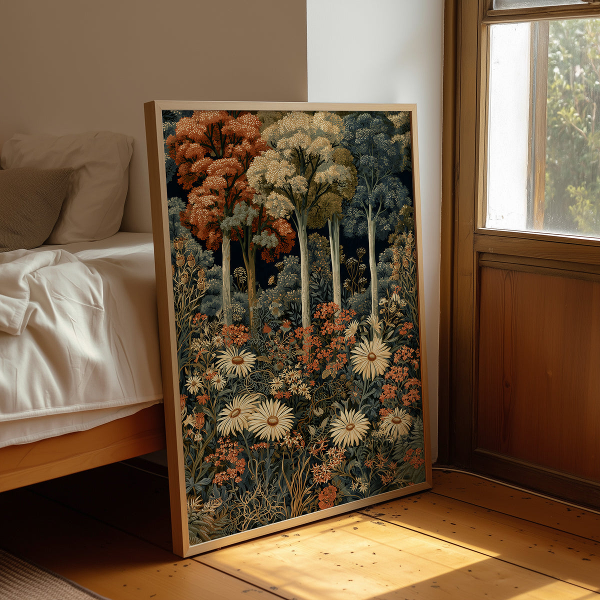Daisy Chain Reaction In The Woods, framed print leaning beside a bed in a sunlit bedroom