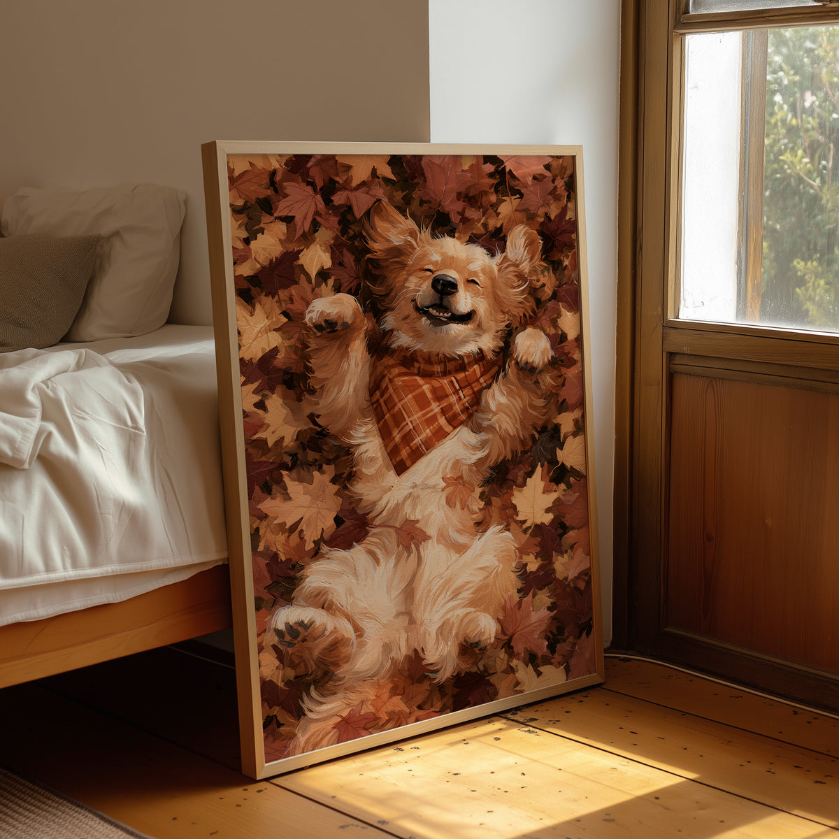 Belly Up, Leaf Pile Approved, framed print leaning beside a bed in a sunlit bedroom