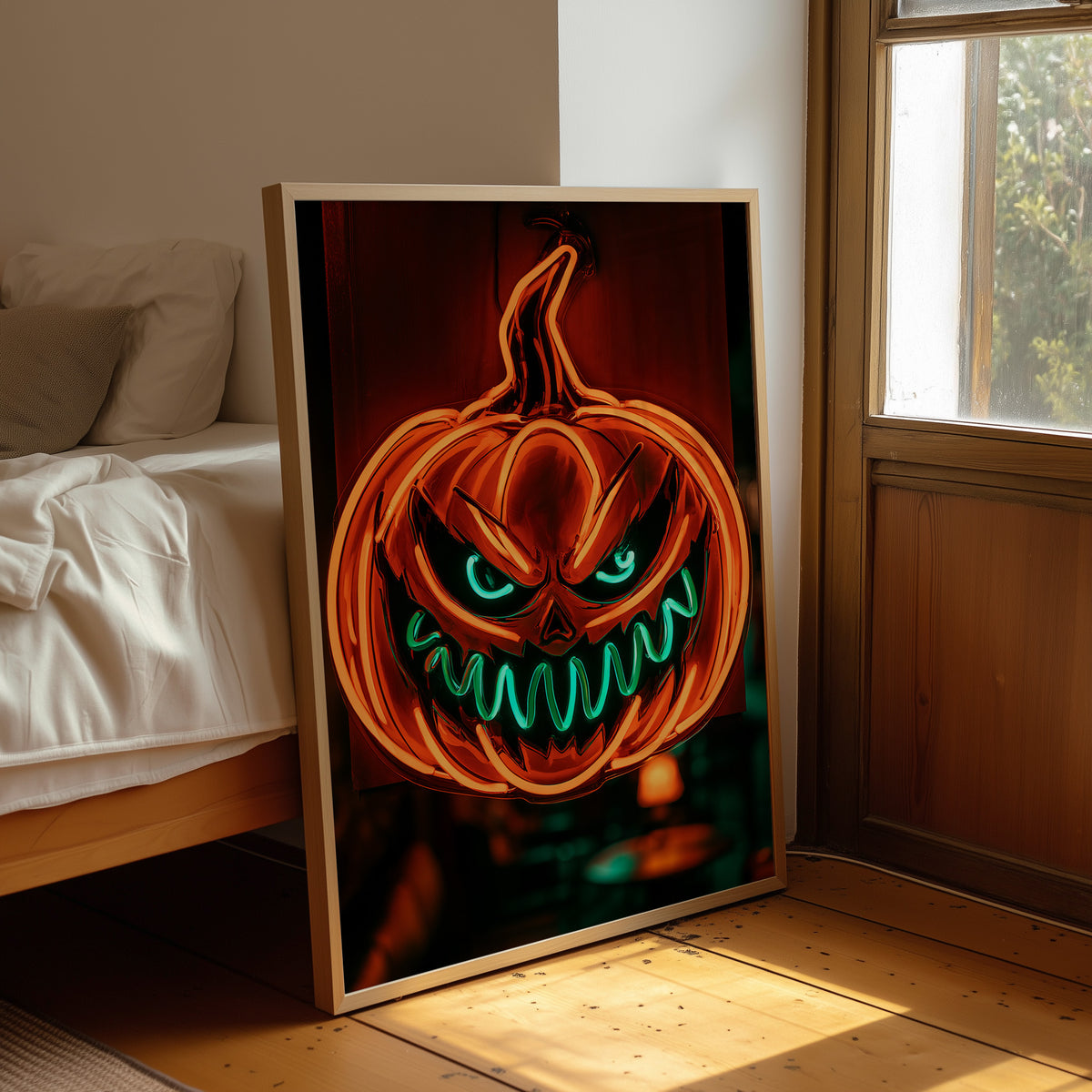 Glow Up, Grin Wide, Scare Hard, framed print leaning beside a bed in a sunlit bedroom