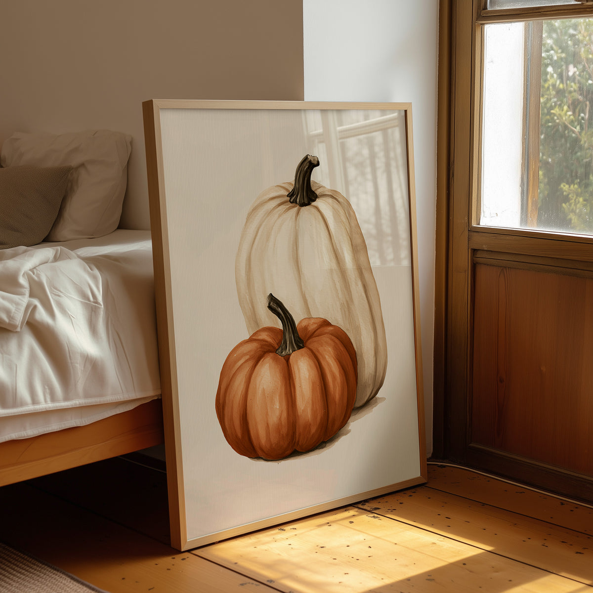 Tall, Pale, And Totally Supportive, framed print leaning beside a bed in a sunlit bedroom