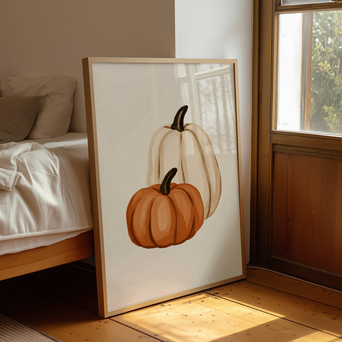 Short Stack, Long Shadow, framed print leaning beside a bed in a sunlit bedroom