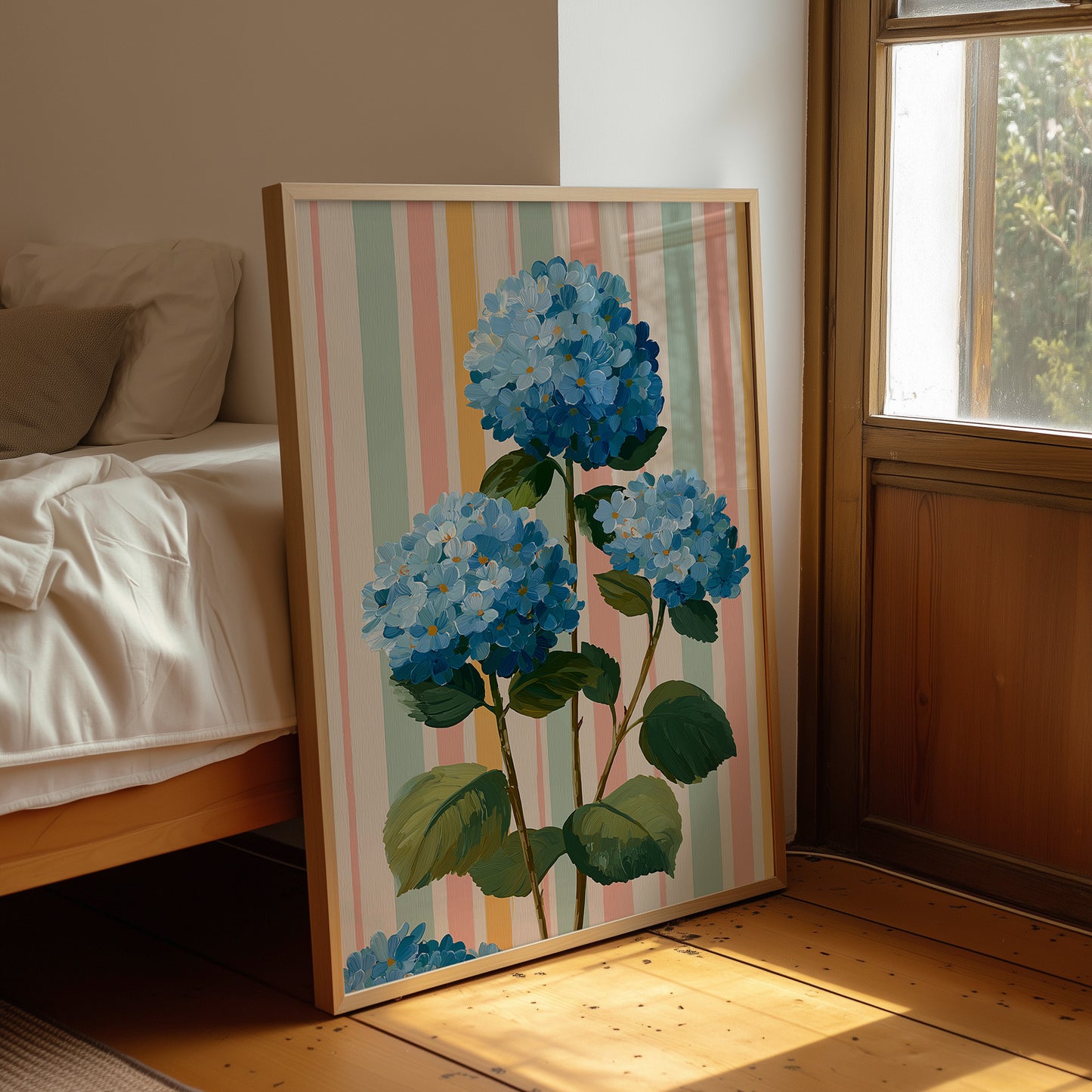 Blue Hydrangeas on a Happy Wall
