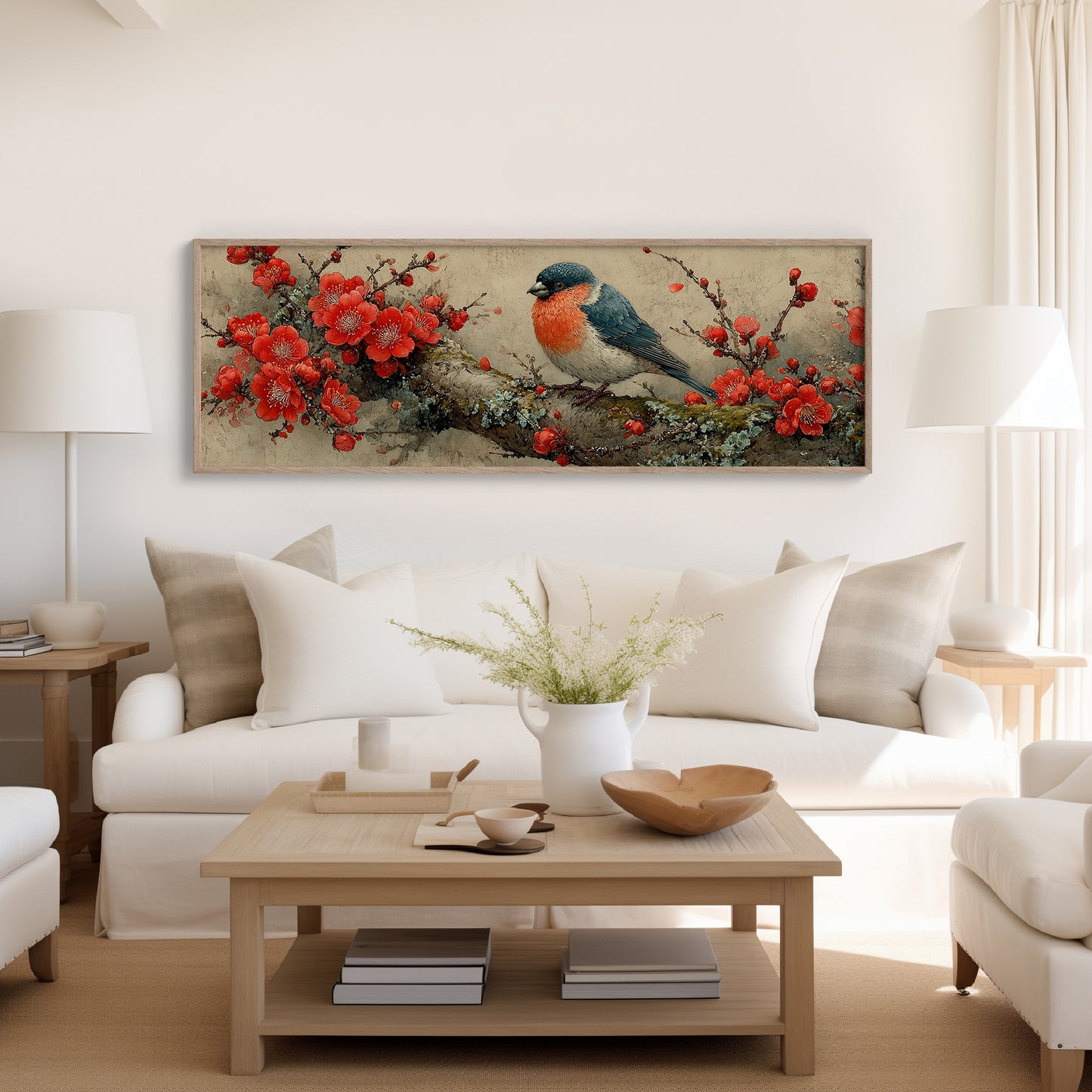 Songbird Among Scarlet Blossoms