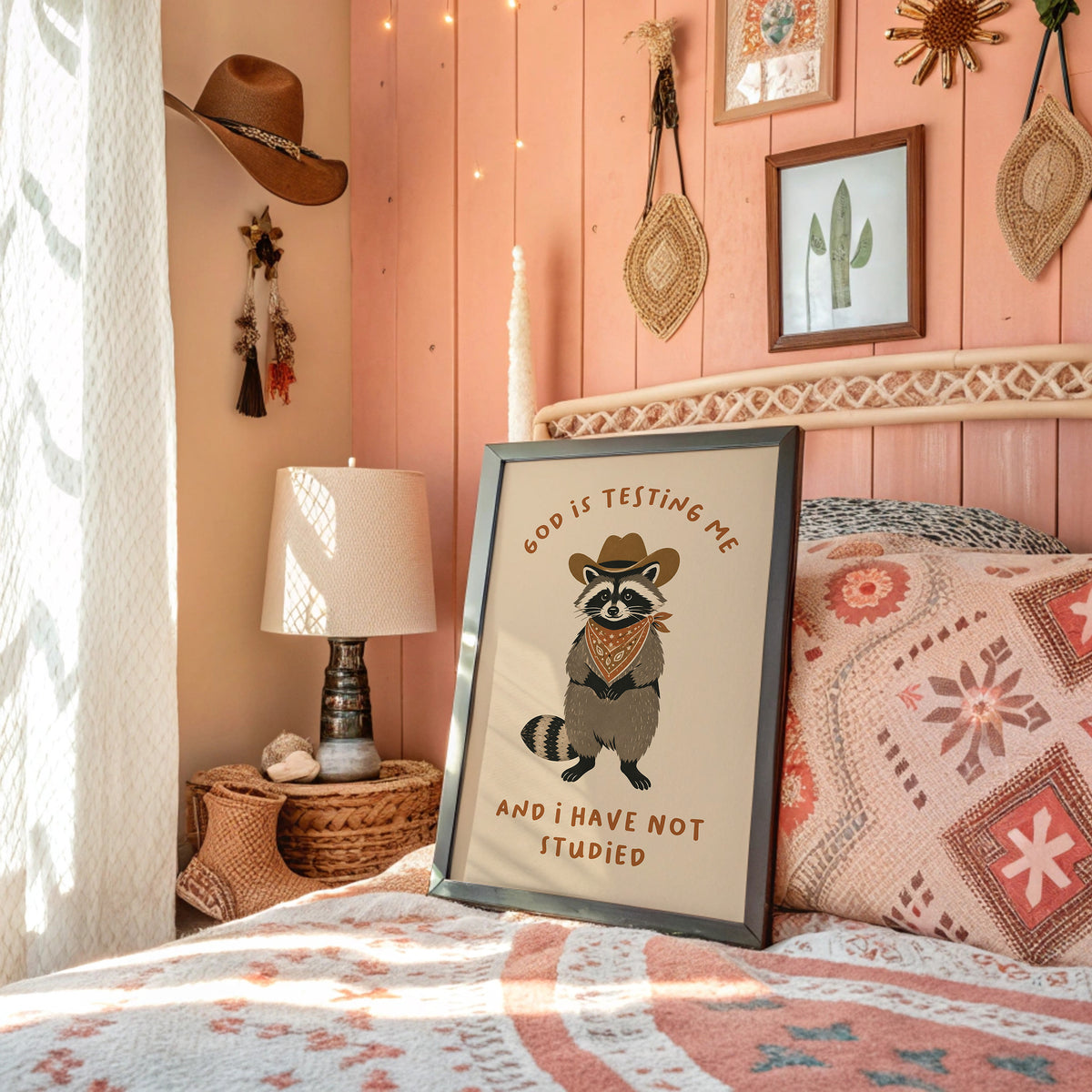 God Is Testing Me — Painterly Cowboy Raccoon Print