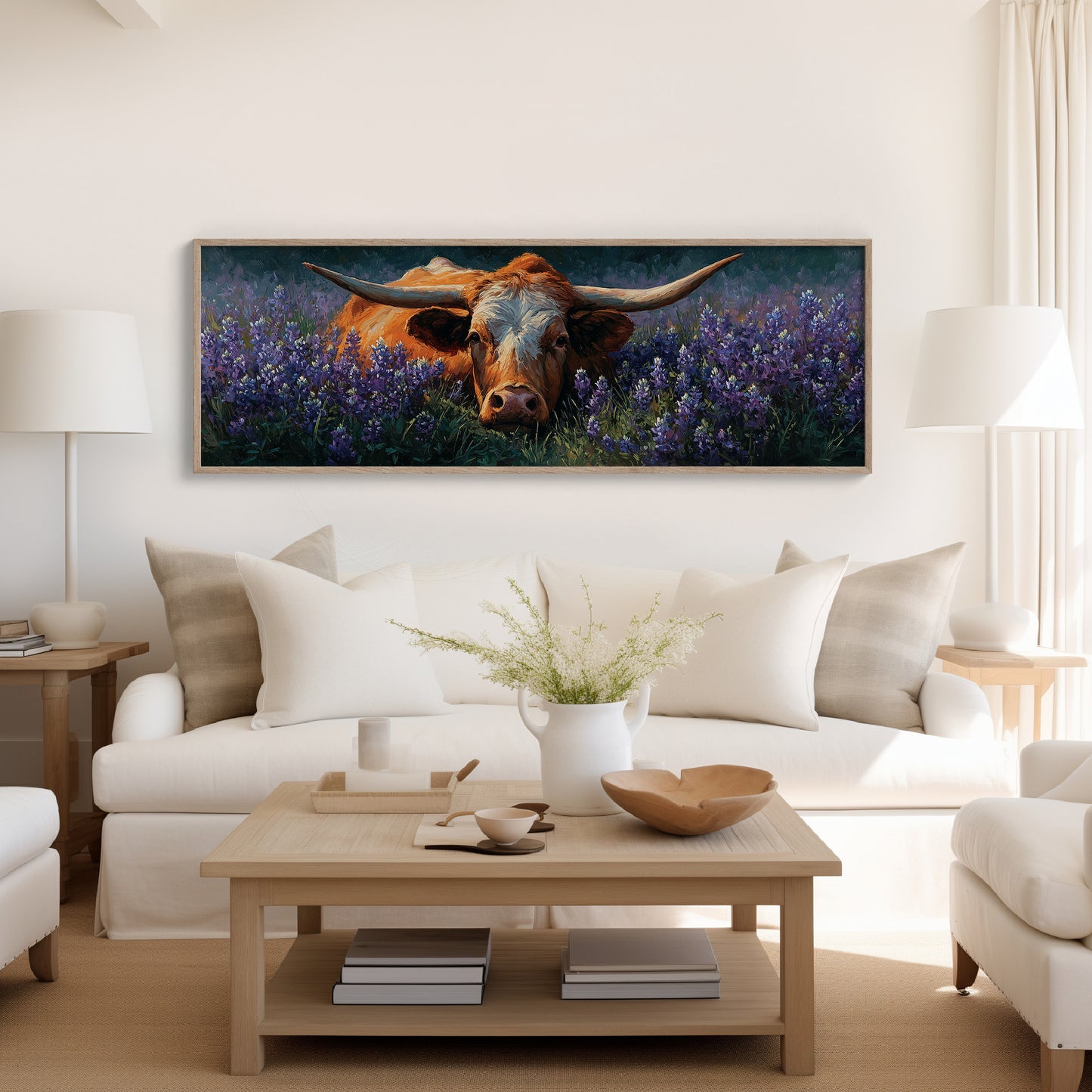 Texas Longhorn Resting in Bluebonnet Meadow