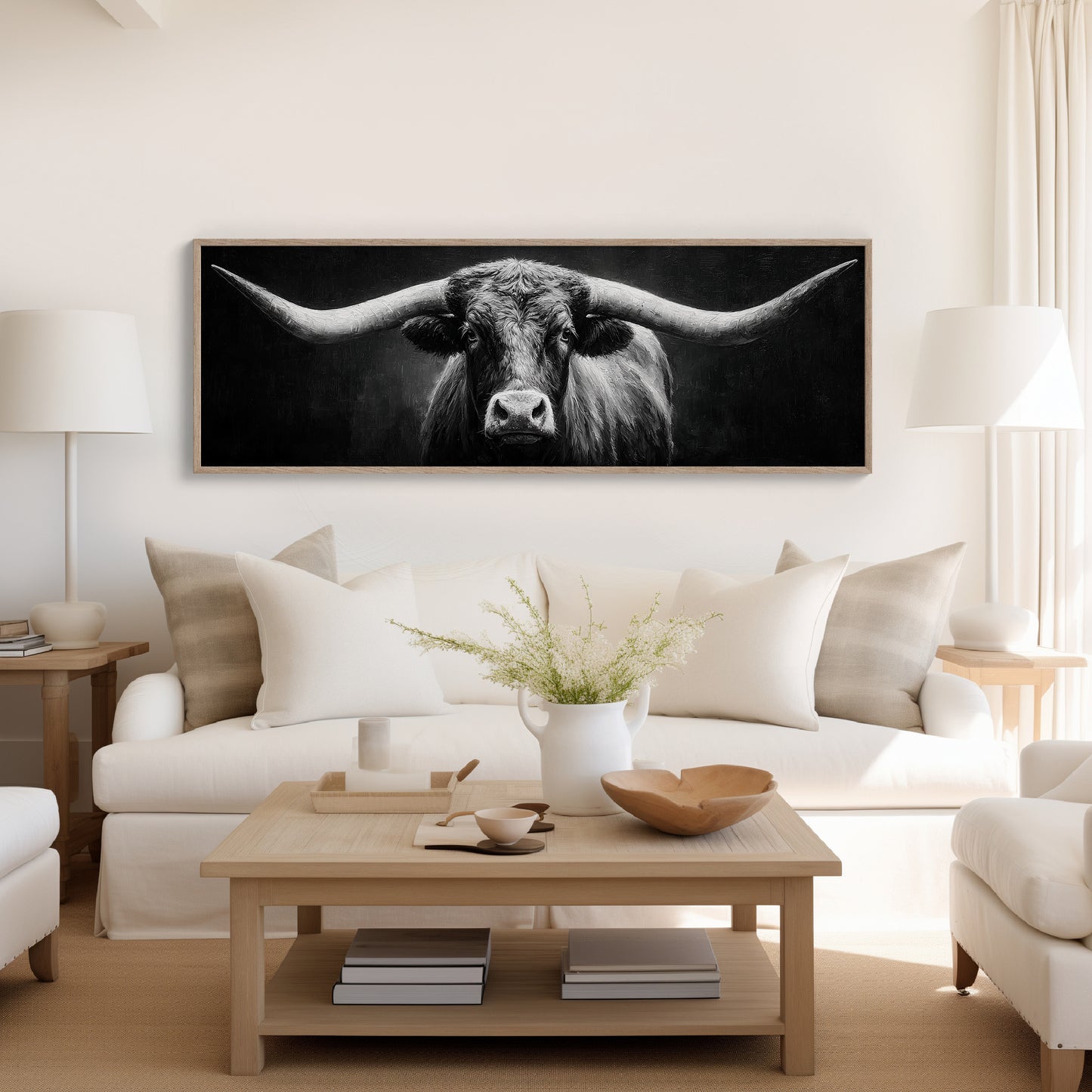 Black and White Longhorn Portrait on Dark Background