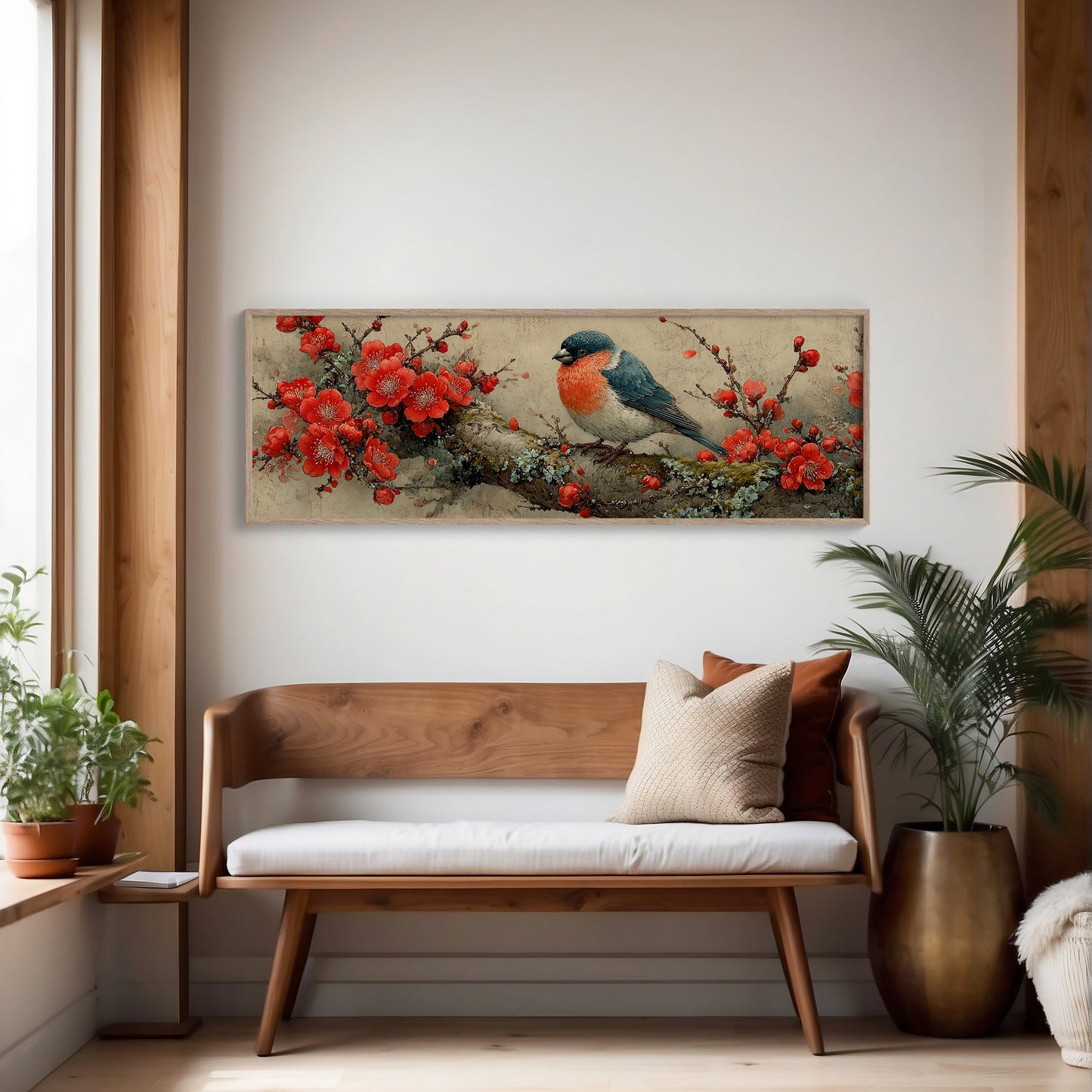 Songbird Among Scarlet Blossoms