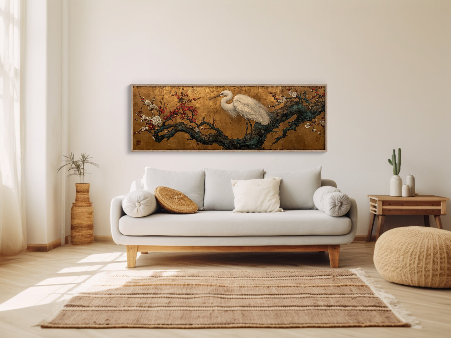 Egret Among Crimson Plum Blossoms