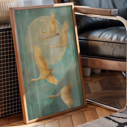 Golden Cranes Dance Through Mist