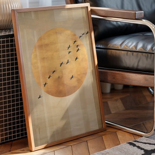 Birds Cross The Golden Moon Rise