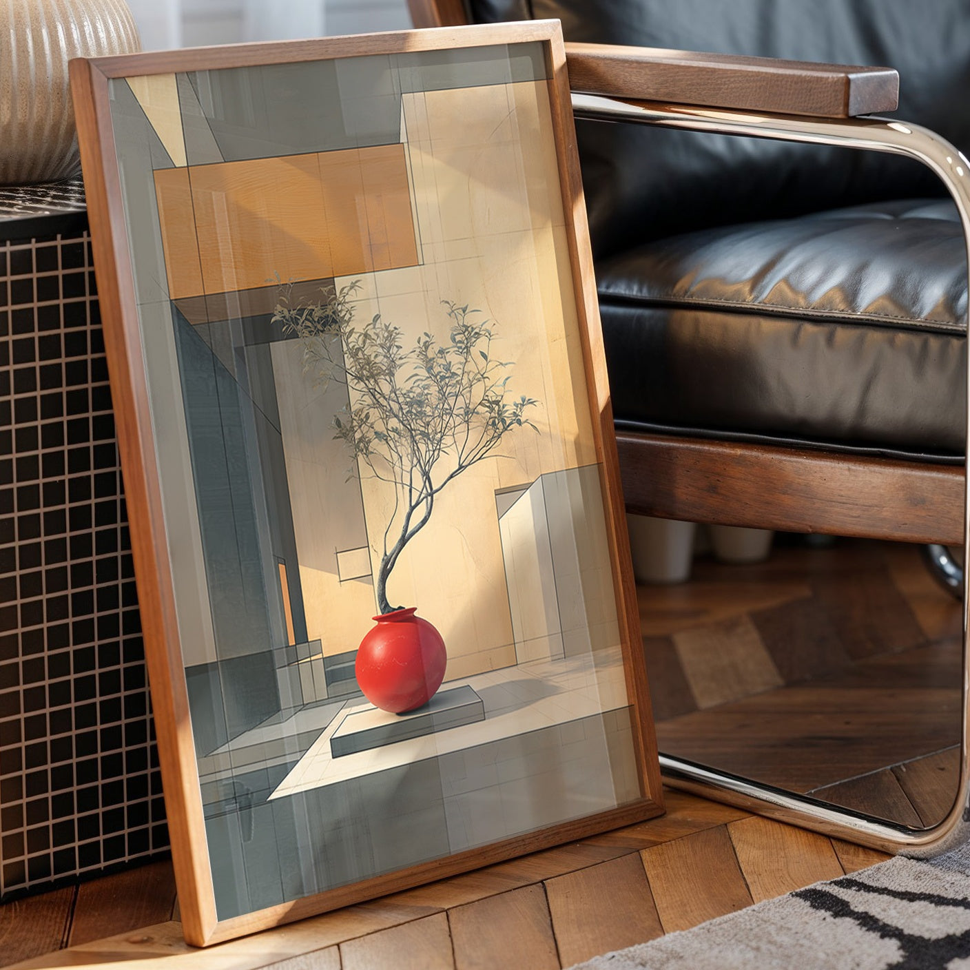 Red Vase Holds Geometric Sunlight