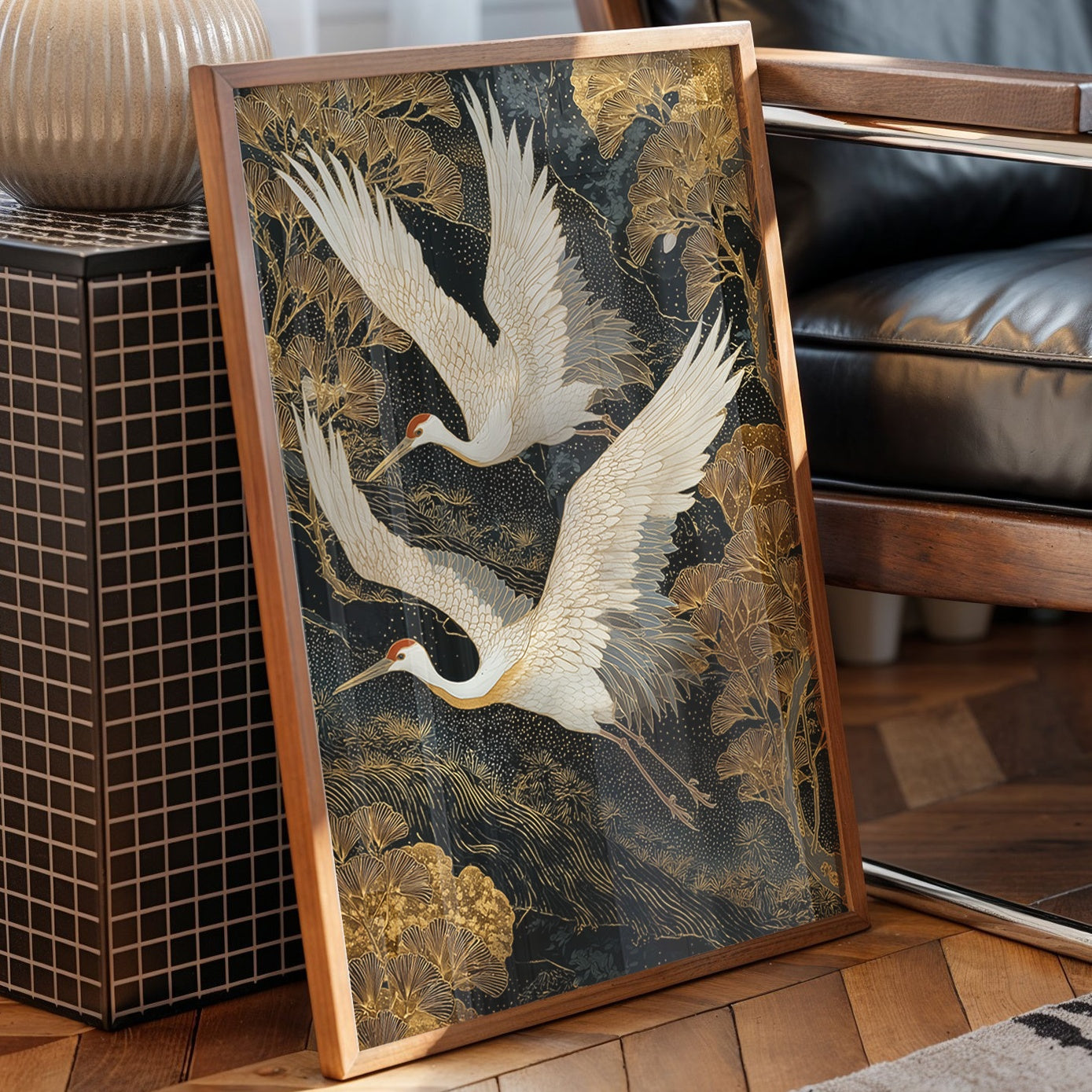 Cranes Dance Through Golden Ginkgo