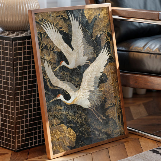 Cranes Dance Through Golden Ginkgo