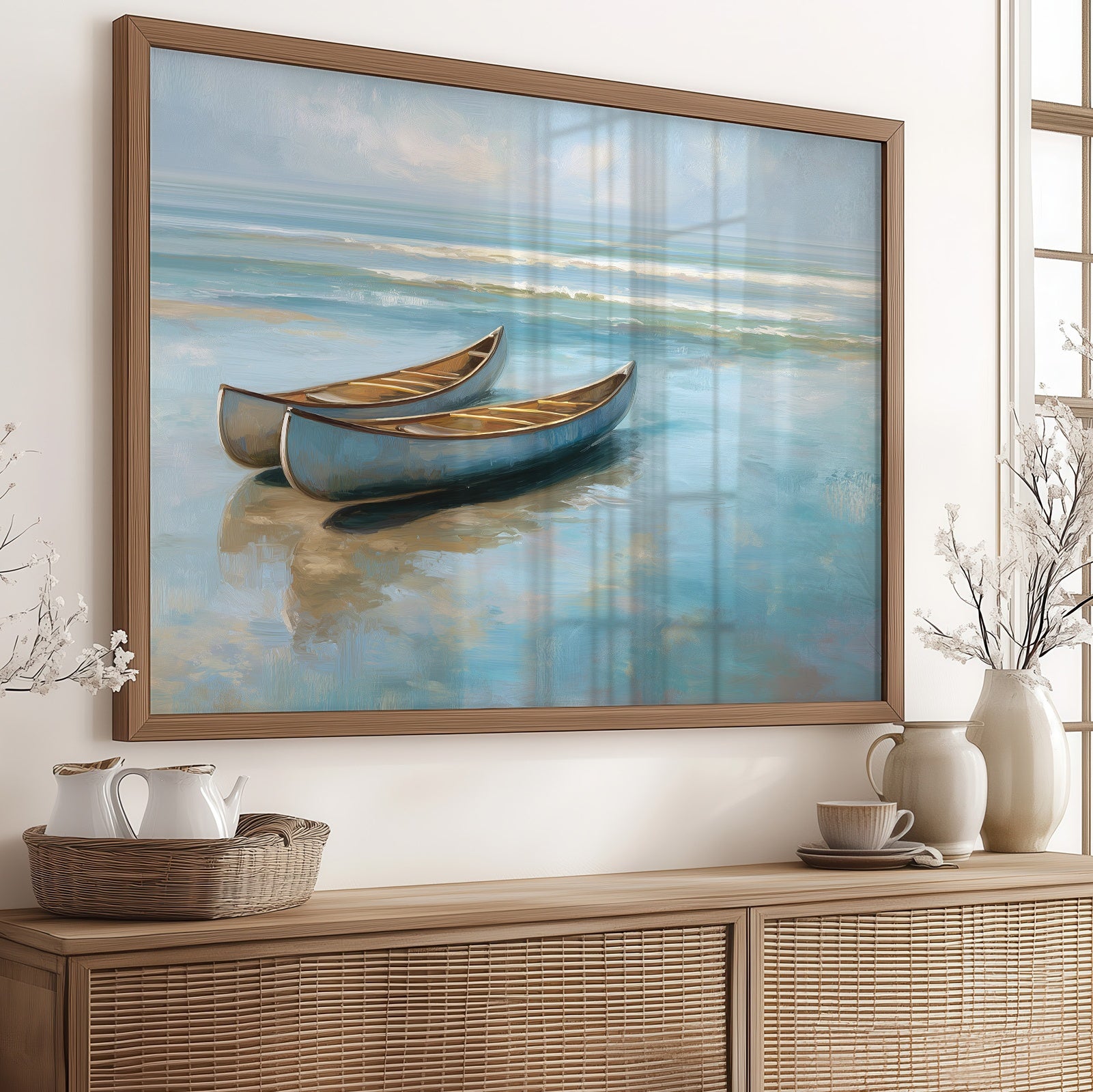 Canoes Rest On Azure Shores