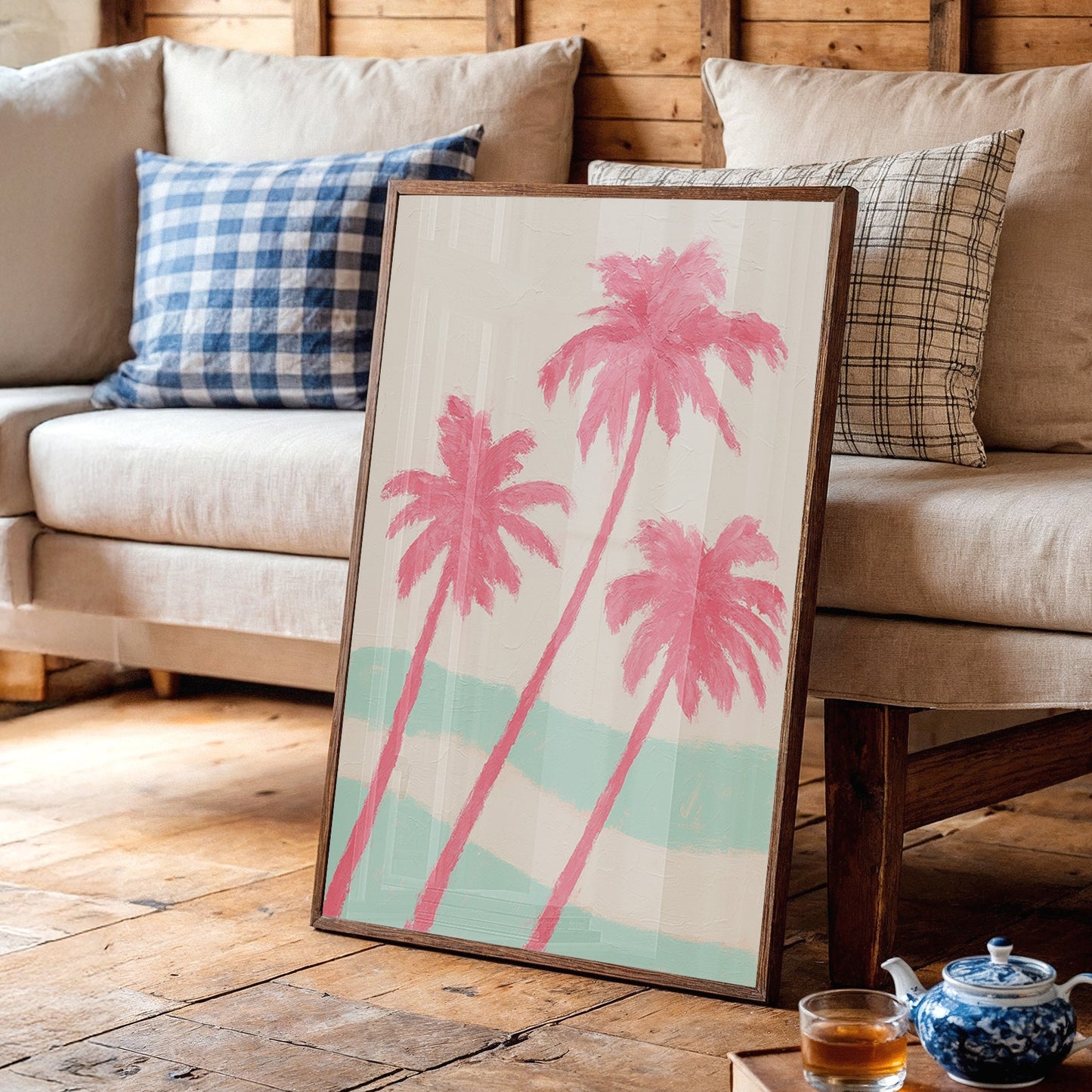 Pink Palms Over Mint Waves