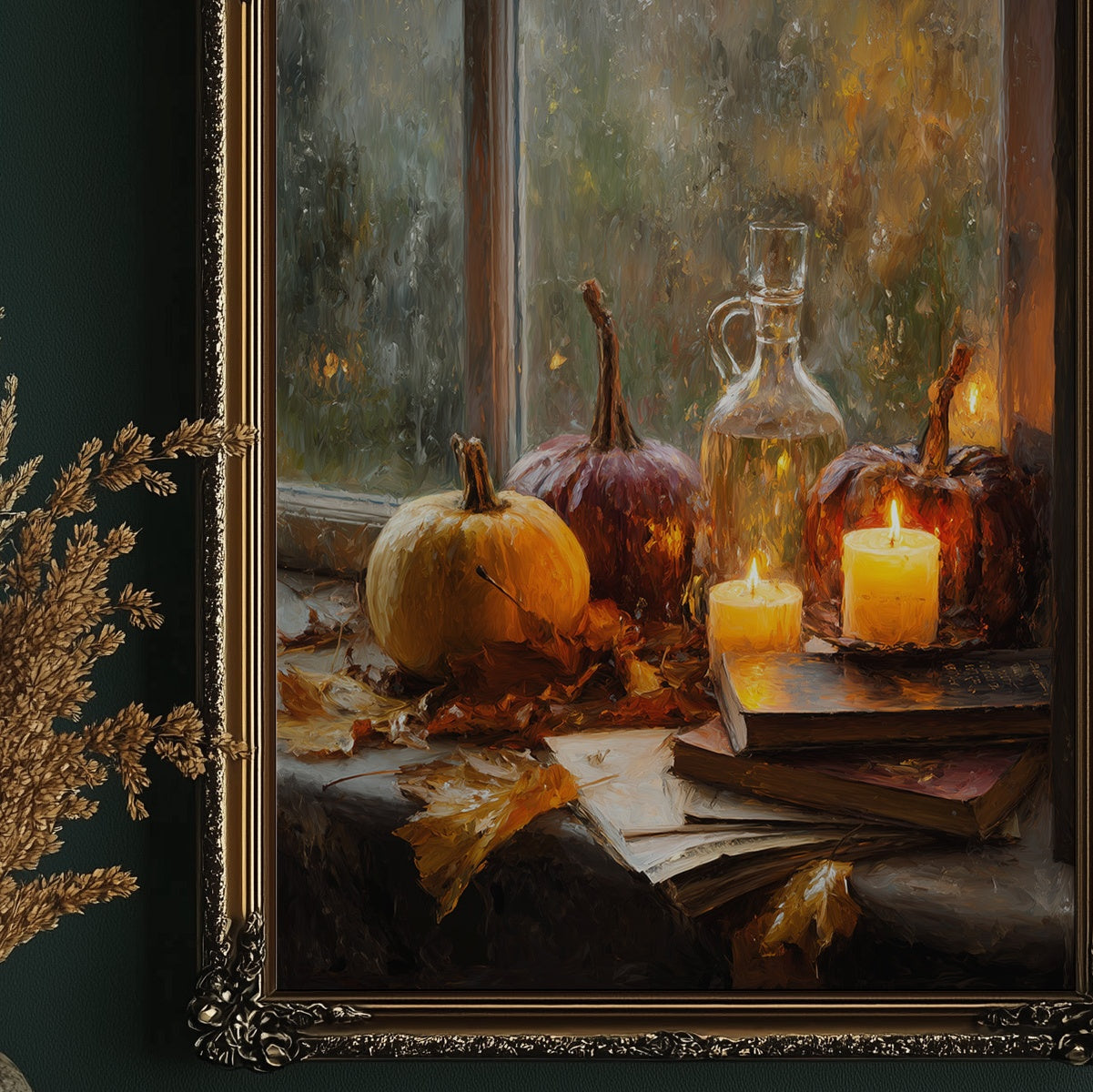 Pumpkins Glow By Rainy Window
