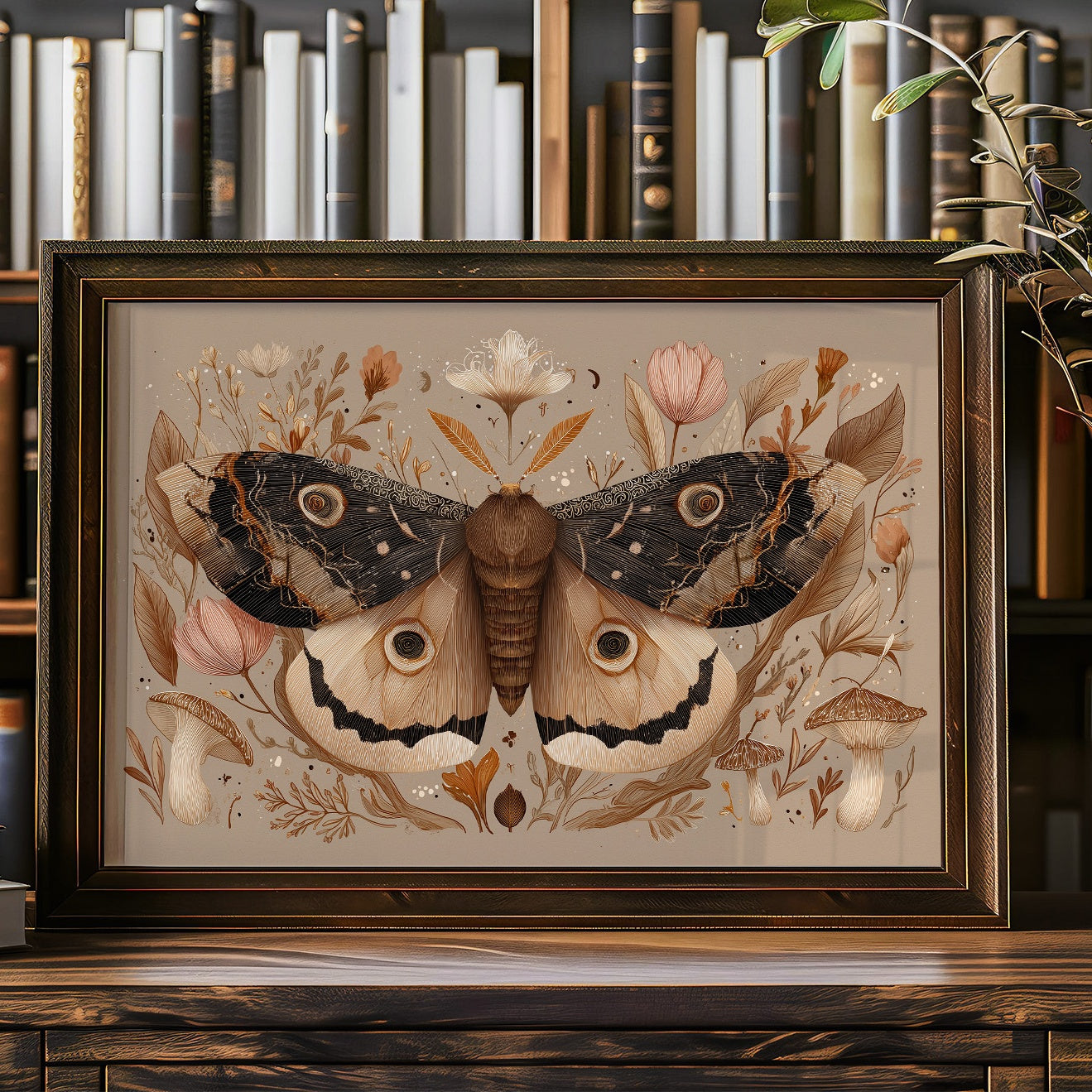 Botanical Moth Among Literary Treasures