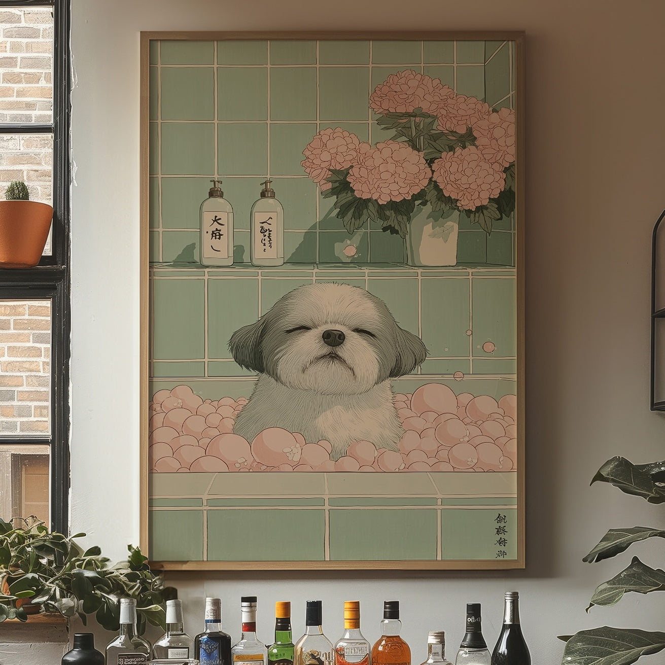 Peaceful Pup Among Pink Peonies