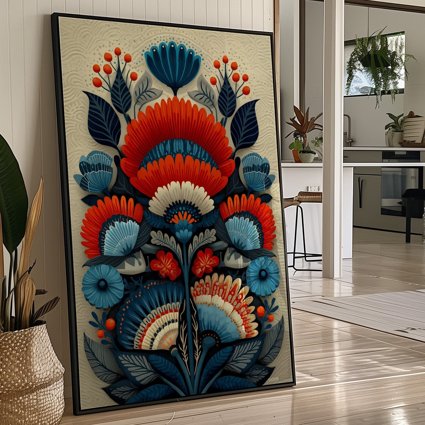 Folk Blooms Dance In Coral Blue