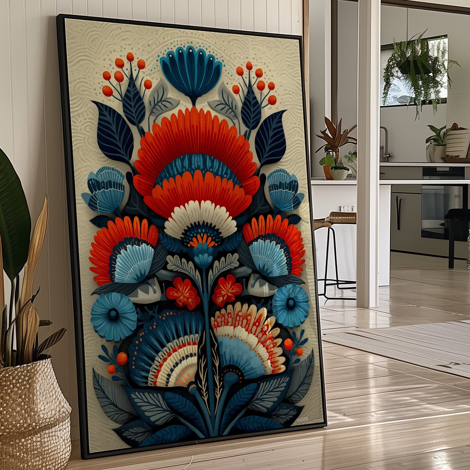 Folk Blooms Dance In Coral Blue