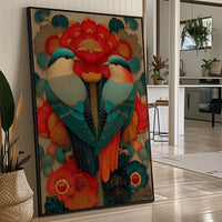 Birds Dance Among Crimson Blooms