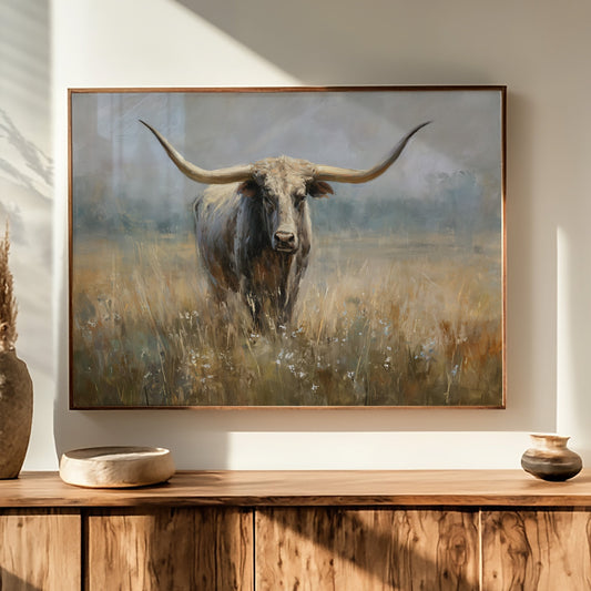 Longhorn Among Meadow Wildflowers